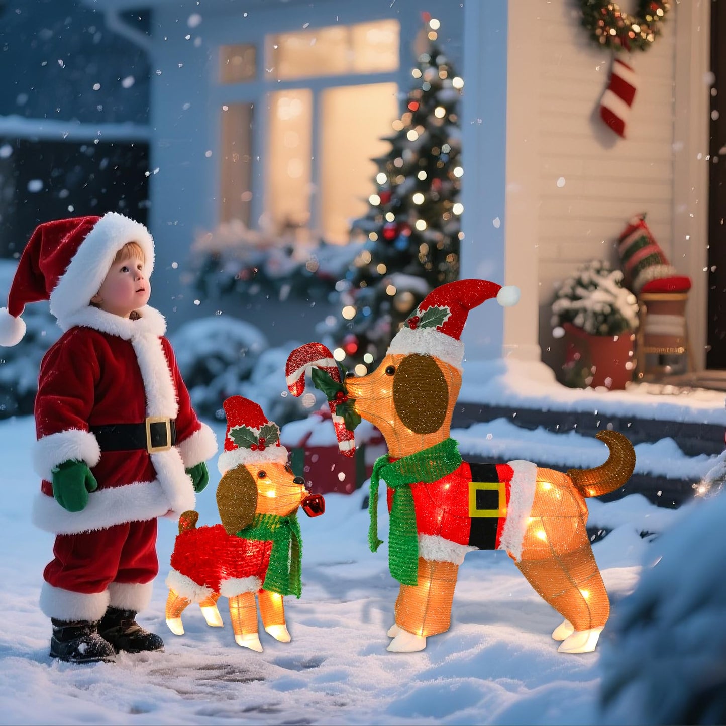 Afirst Christmas Dog Lighted Decorations, 2 Pack Lighted Up Xmas Dog Outdoor Lighted Holiday Displays Gift for Home Garden Party Yard Porch Decor