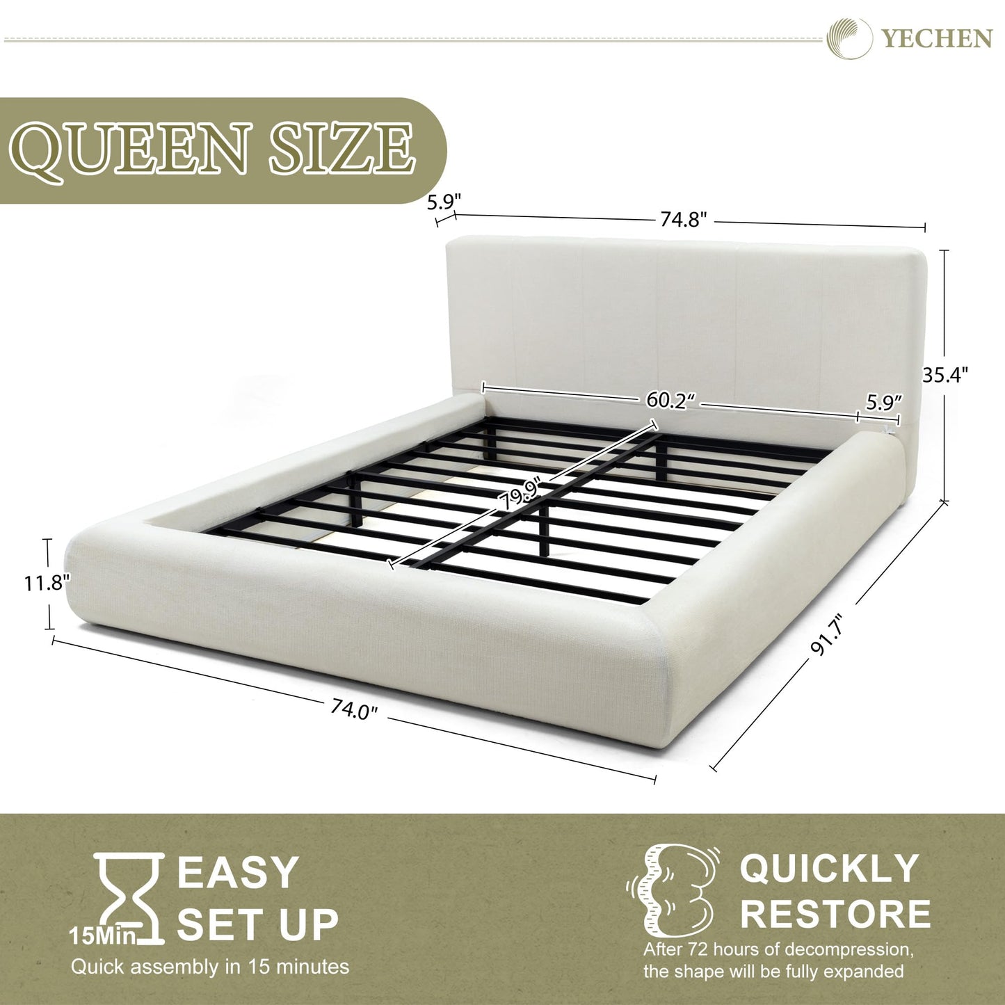 Yechen Queen Cloud Bed Frame with Headboard Removable, 5.9'' Boucle Upholstered Bed Rounded Corner Design, Soft Modern Low Platform Floor-Standing Support, Easy Assembly, No Box Spring Needed, Cream