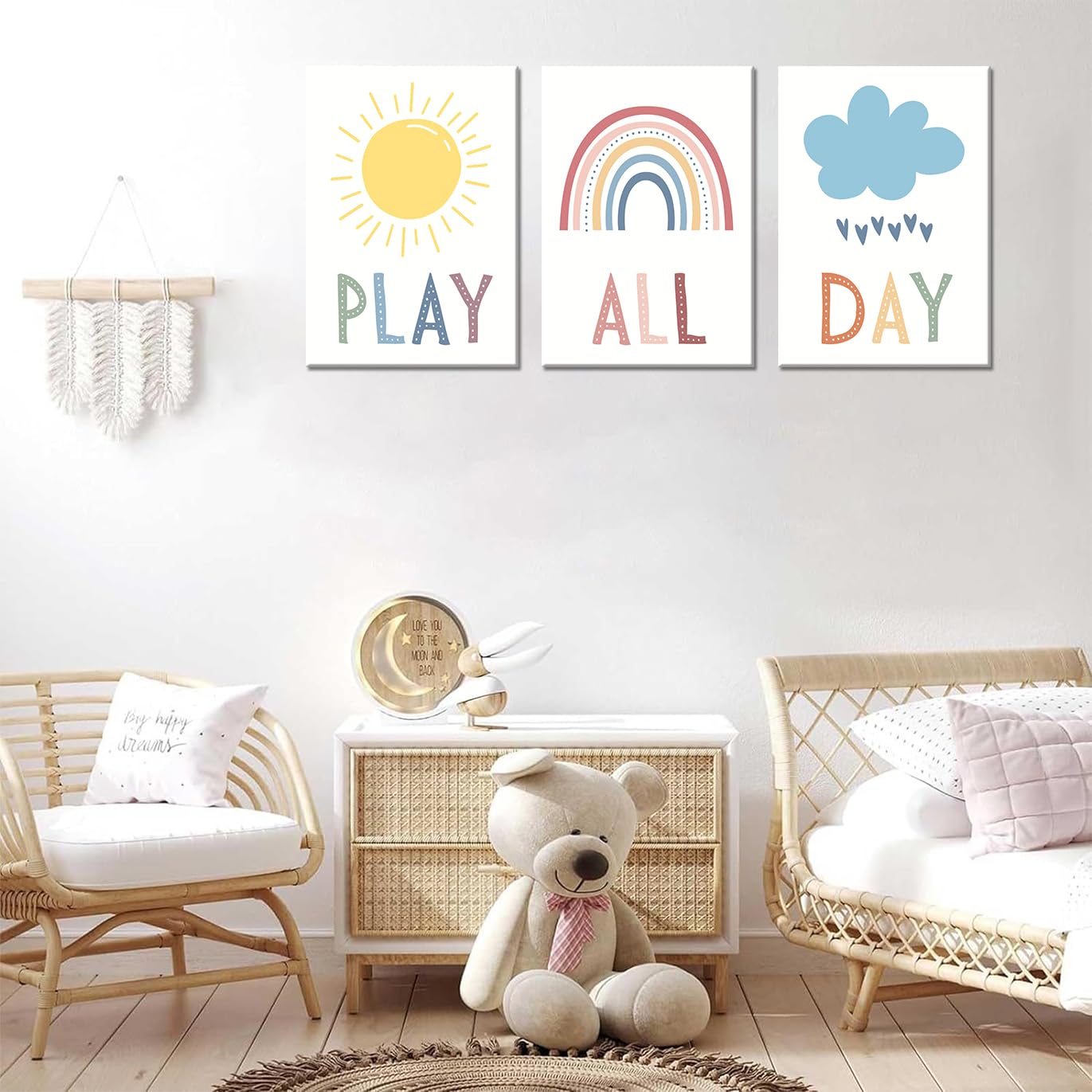 3Pcs Boho Nursery Canvas Wall Art Play All Day Kids Room Wall Decor Pictures Rainbow Sun Cloud Posters Prints for Boy Girl Bedroom Playroom Classroom Decoration, 12x16in
