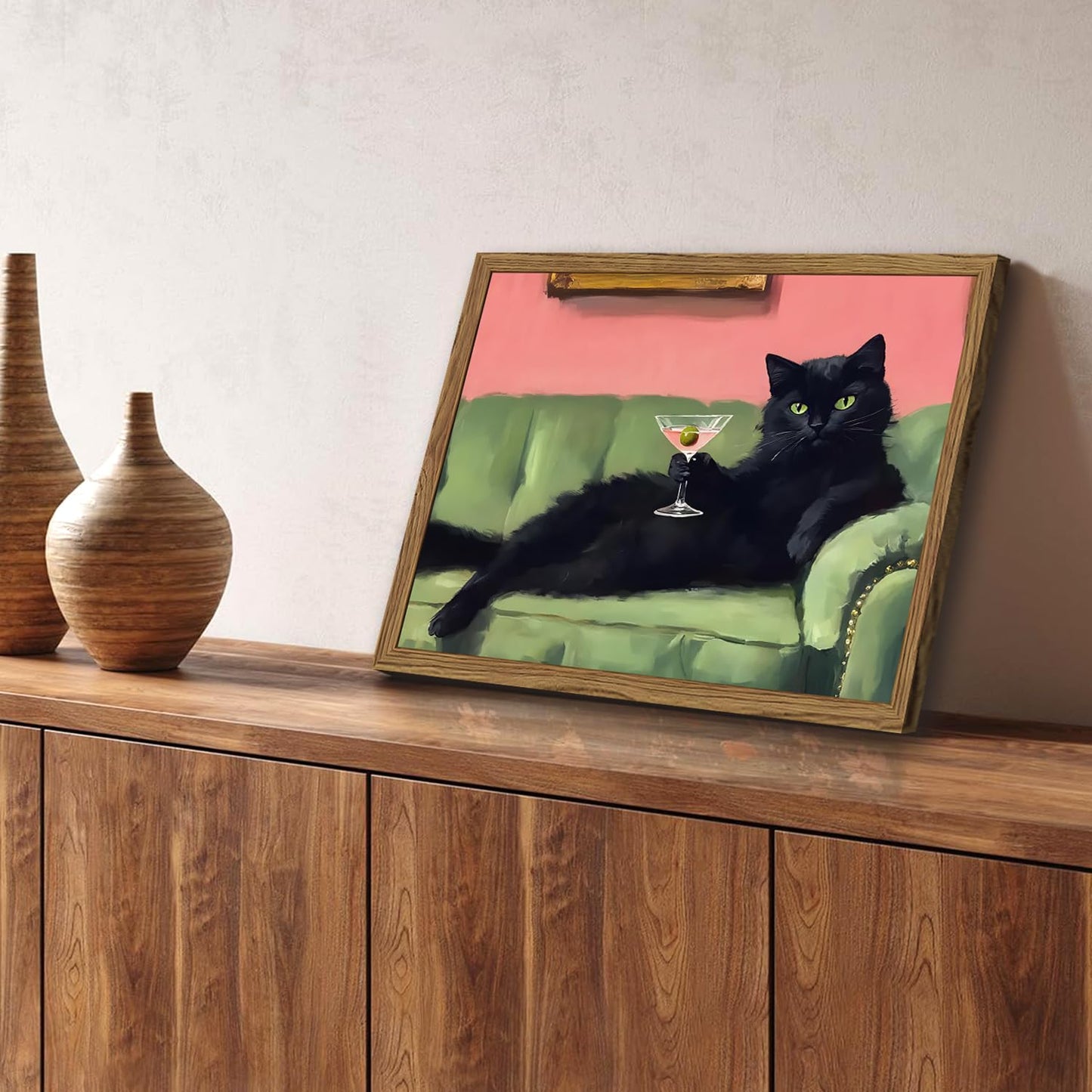 Funny Black Cat Martini Wall Art, Bar Cart Decor, Eclectic Cocktail Painting Canvas Print, Cute Animal Artwork Picture for Bedroom Living Room Kitchen 12x16 inch Wood Framed