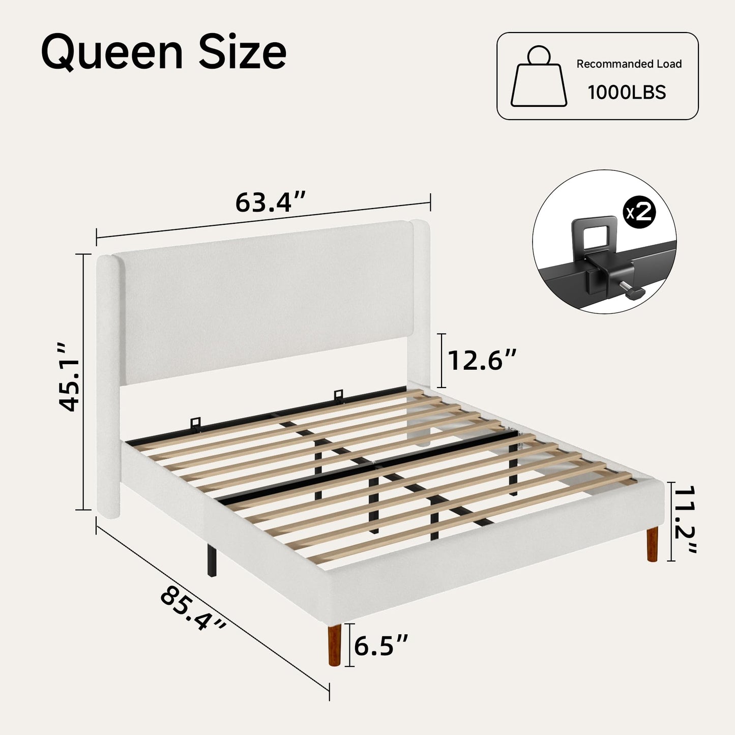 Mxhtcewz Queen Boucle Bed Frame, Platform Bed with Upholstered Wingback Headboard, Strong Wooden Slats Support, Noise-Free, Easy Assembly, No Box Spring Needed, White