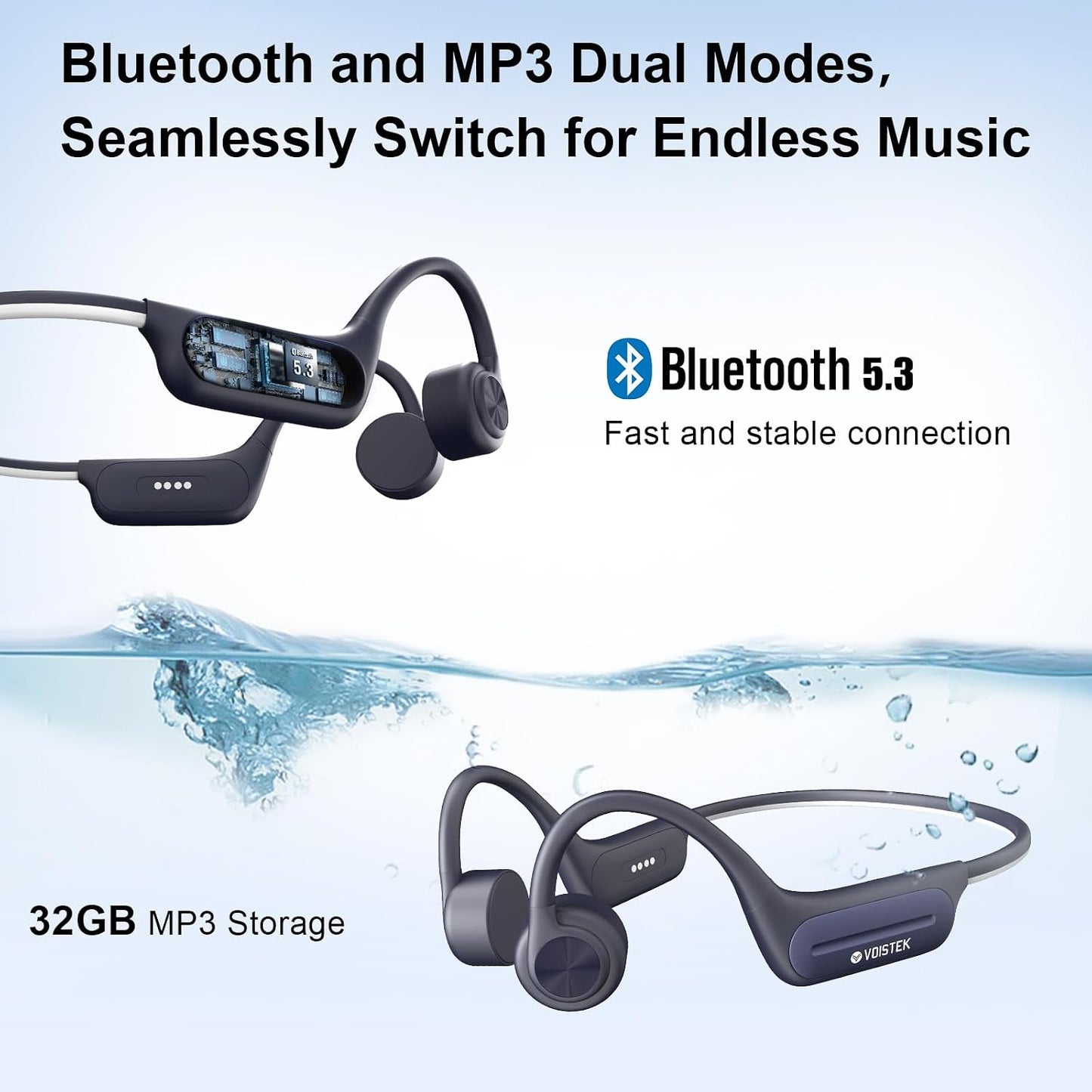 5.3 32GB MP3 IP68 8H Headset Swimming, Voistek Bone Conduction Headphones, Bluetooth with Player, Waterproof Vibrating
