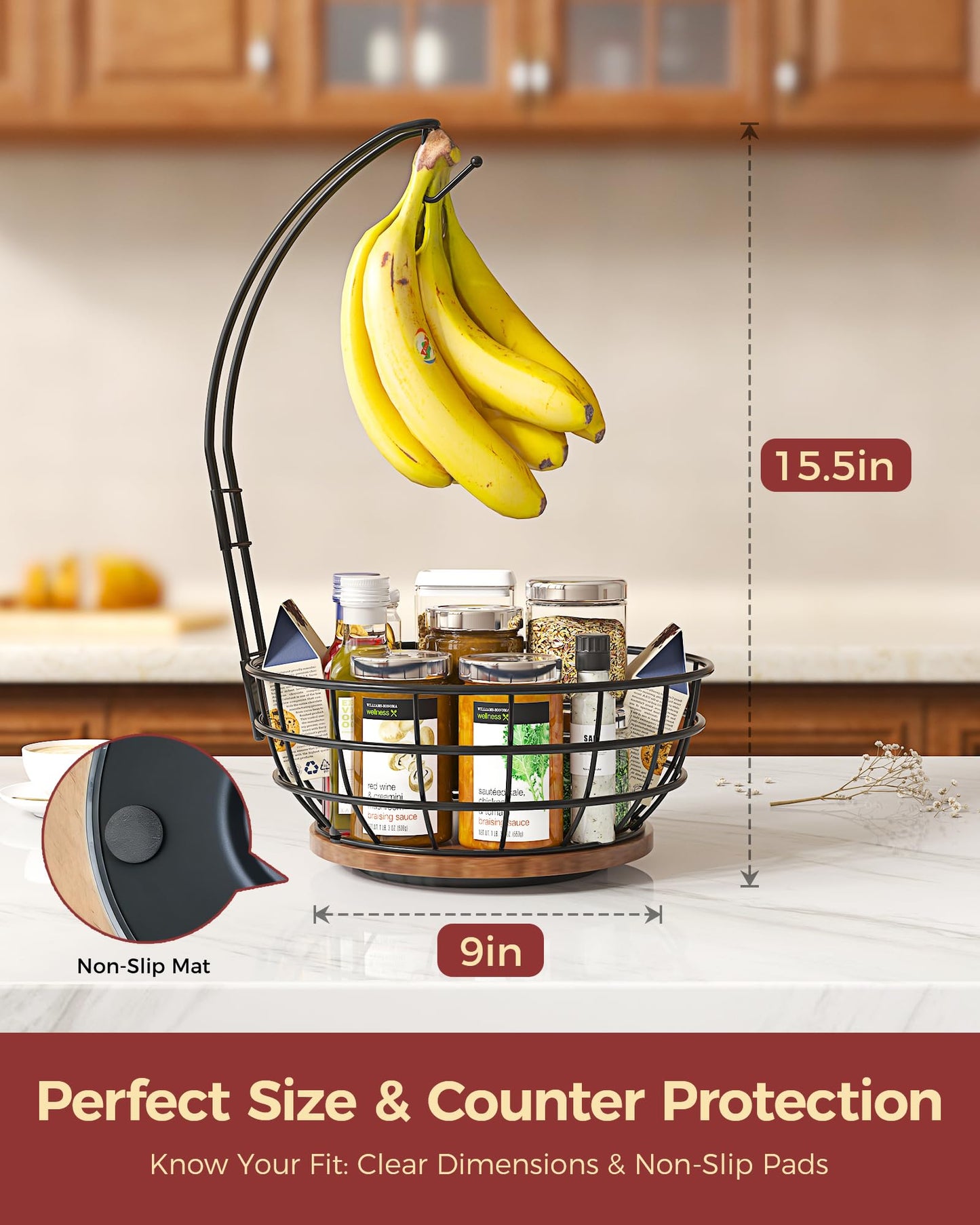 Sevenblue 360°Rotating Fruit Basket for Kitchen Counter with Upgraded Banana Hanger, 2026 Pro Metal Countertop Fruit and Vegetable Basket Bowl Storage with Wooden Non-Slip Base, Black