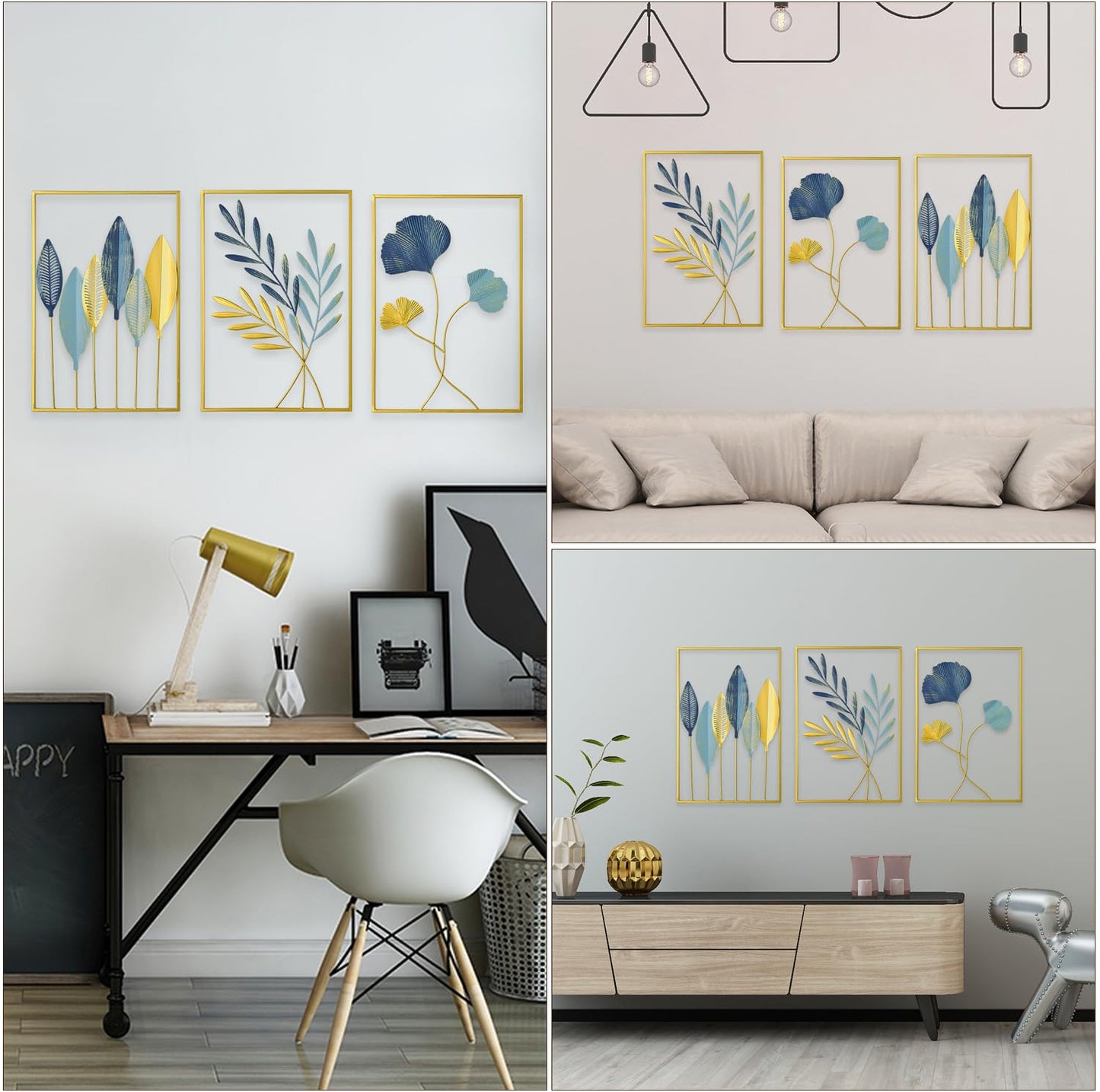 FUNTEREST Gold Leaf Wall Decor Modern Wall Art Home Decor, Set of 3 Metal Wall Hanging Decoration for Living Room Office Bedroom Hotel