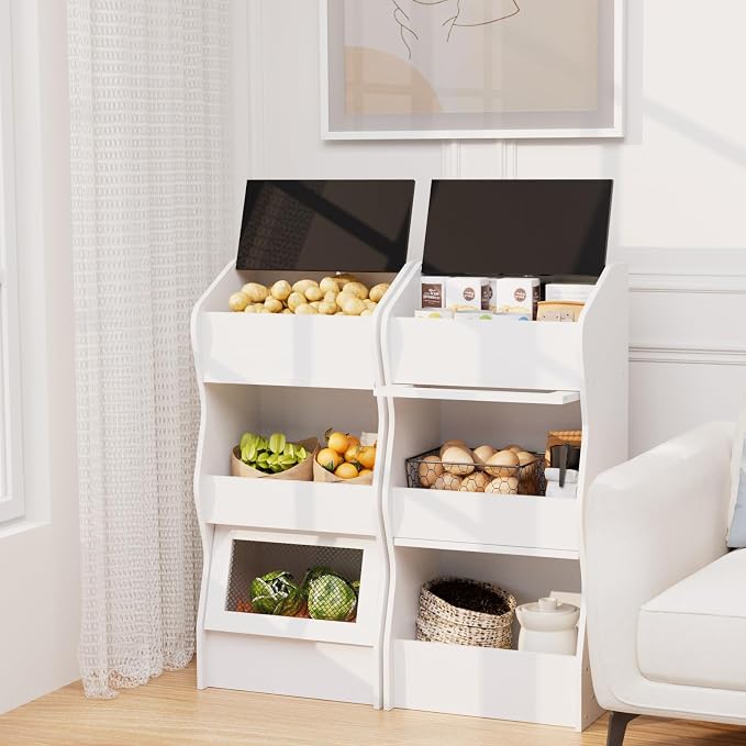 Potato and Onion Storage Bin with Lid, Root Vegetable Storage Rustic Bread Box for Kitchen Pantry, Wooden Bread Cabinet Fruit Storage Rack,White