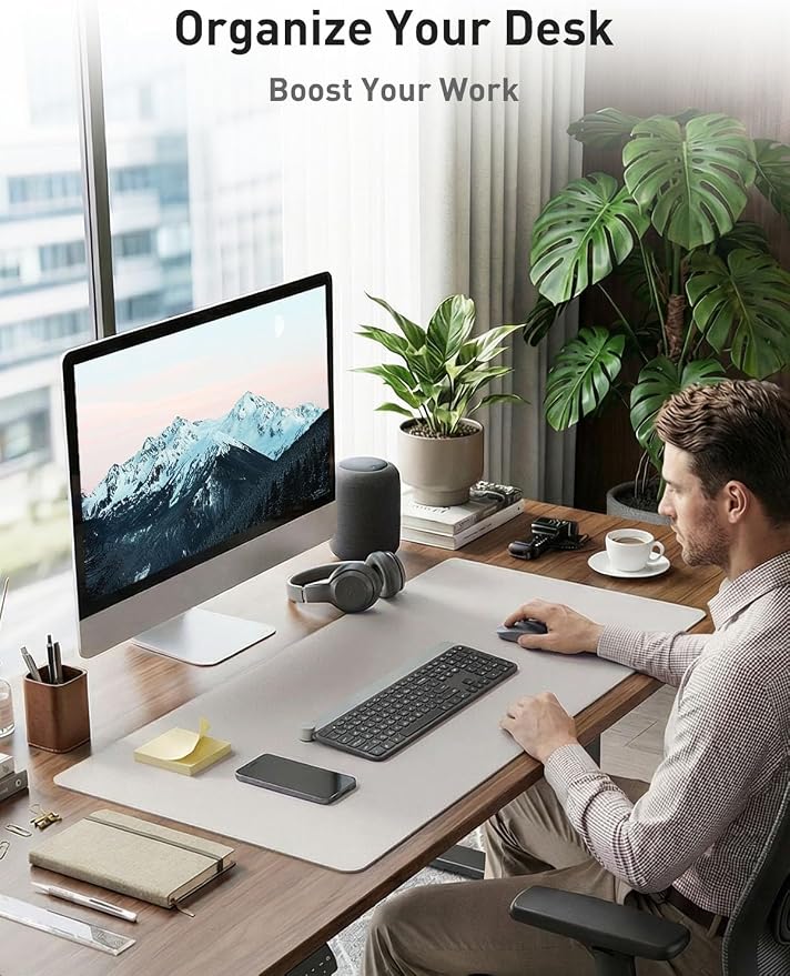 Aothia Faux Leather Desk Mat - Non-Slip PU Leather Desk Blotter, Waterproof Writing Surface, Large Desk Pad for Office & Home (Pale Lavender White, 55" x 24")