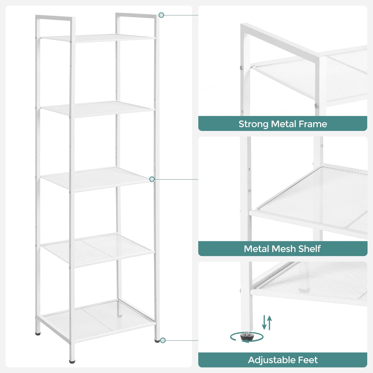 SONGMICS 5-Tier Storage Rack, Bathroom Shelf, Extendable Plant Stand with Adjustable Shelf, for Bathroom, Living Room, Balcony, Kitchen, White UBSC035W01