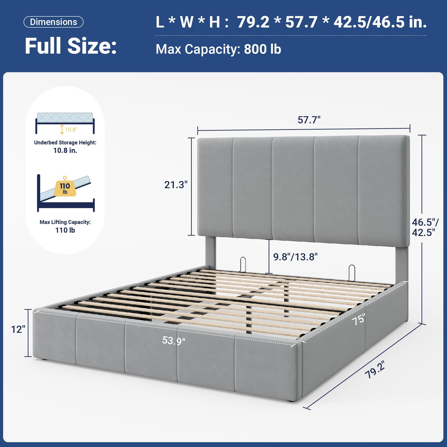 Allewie Full Size Velvet Lift Up Storage Bed Frame, Vertical Channel Tufted Headboard, Hydrualic Underneath Storage, Upholstered Platform Bed, Wooden Slats Support, No Box Spring Needed, Gray