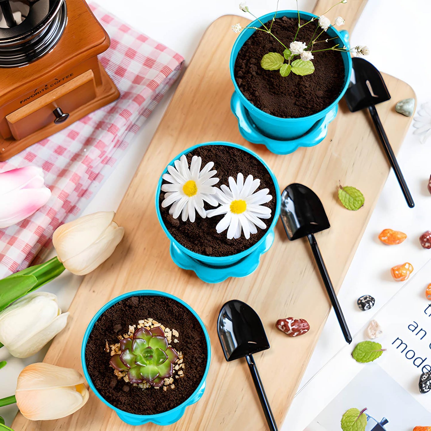 20 Pcs Nursery Pots with Humidity Dome, Cupcake Plant Nursery Pots with Bring A Plate and Shovel, Planting Cups for Seeds for Indoor Gardening and Plant Propagation(Blue)