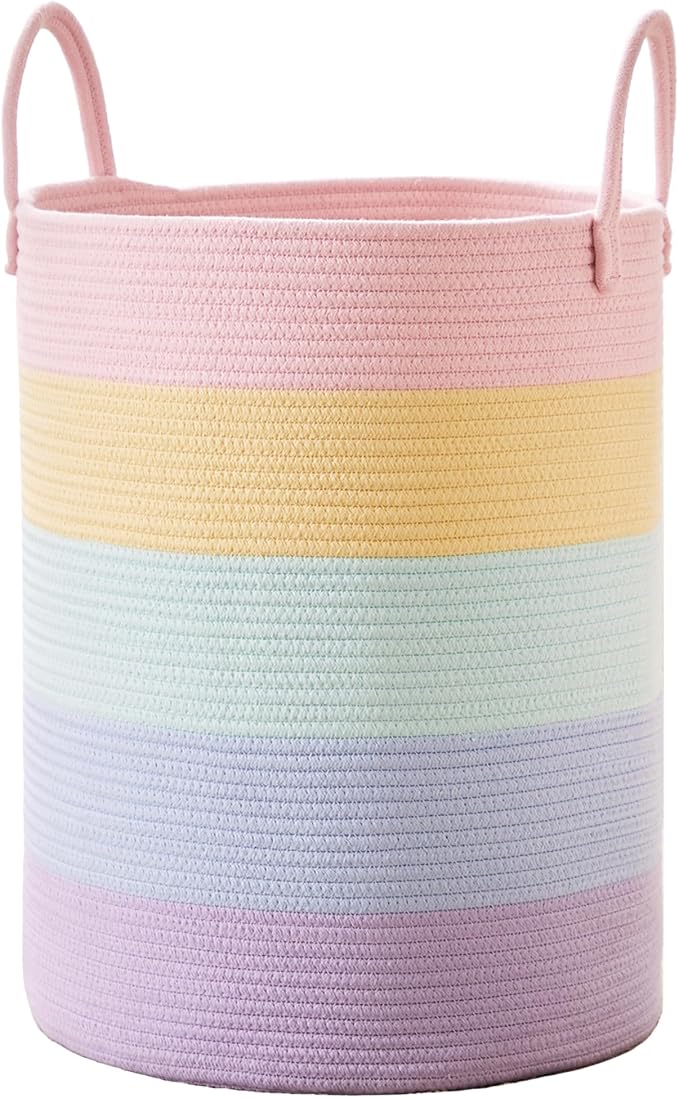 60L Laundry Hamper Basket for Baby Girls and Kids, Pastel Rainbow Unicorn Design, Woven Rope Nursery Basket for Blankets Toys in Playroom, 15Dx20H Inches Large Bedroom Hamper for Clothes