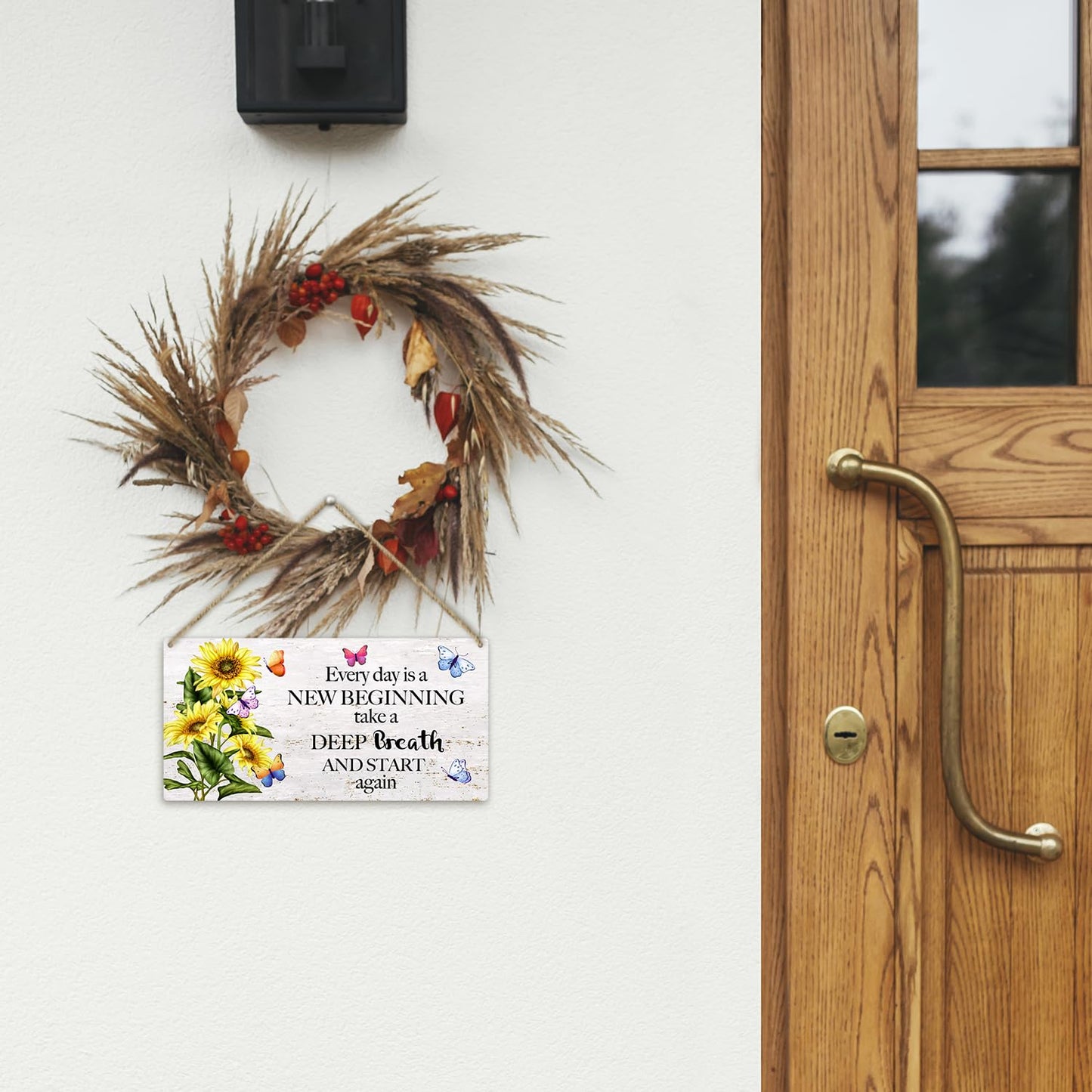 Butterfly Front Door Inspiration Wooden Hanging Sign, Every Day is a New Beginning Take a Breath Rustic Hanging Wall Plaque Sign, Wooden Art Printed Decor Gift for Outdoor Indoor Home -22