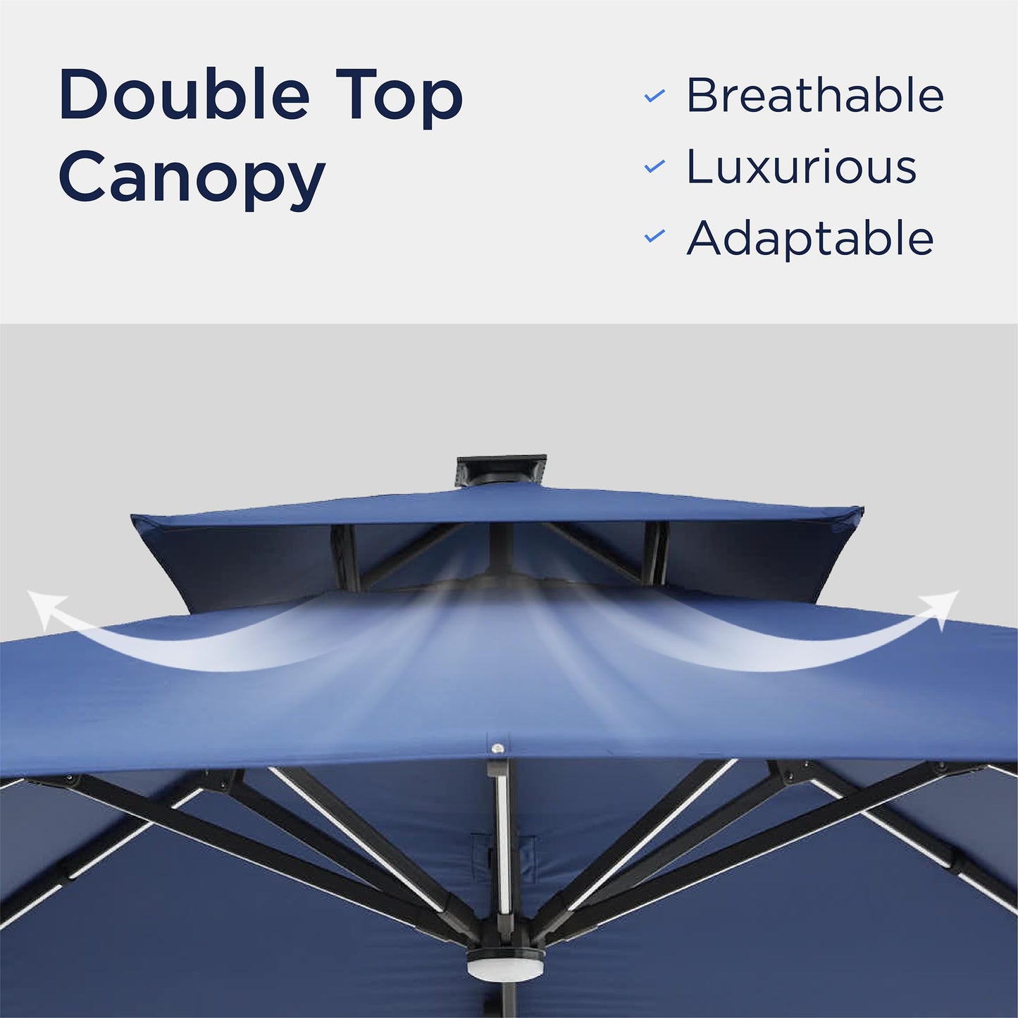 Deconk 10x10 FT Cantilever Patio Umbrella with Led Lights Double Top Outdoor Square Heavy Duty Offset Umbrellas 360°Rotation Free-motion Track Tilt Windproof for Pool Deck Garden, Navy