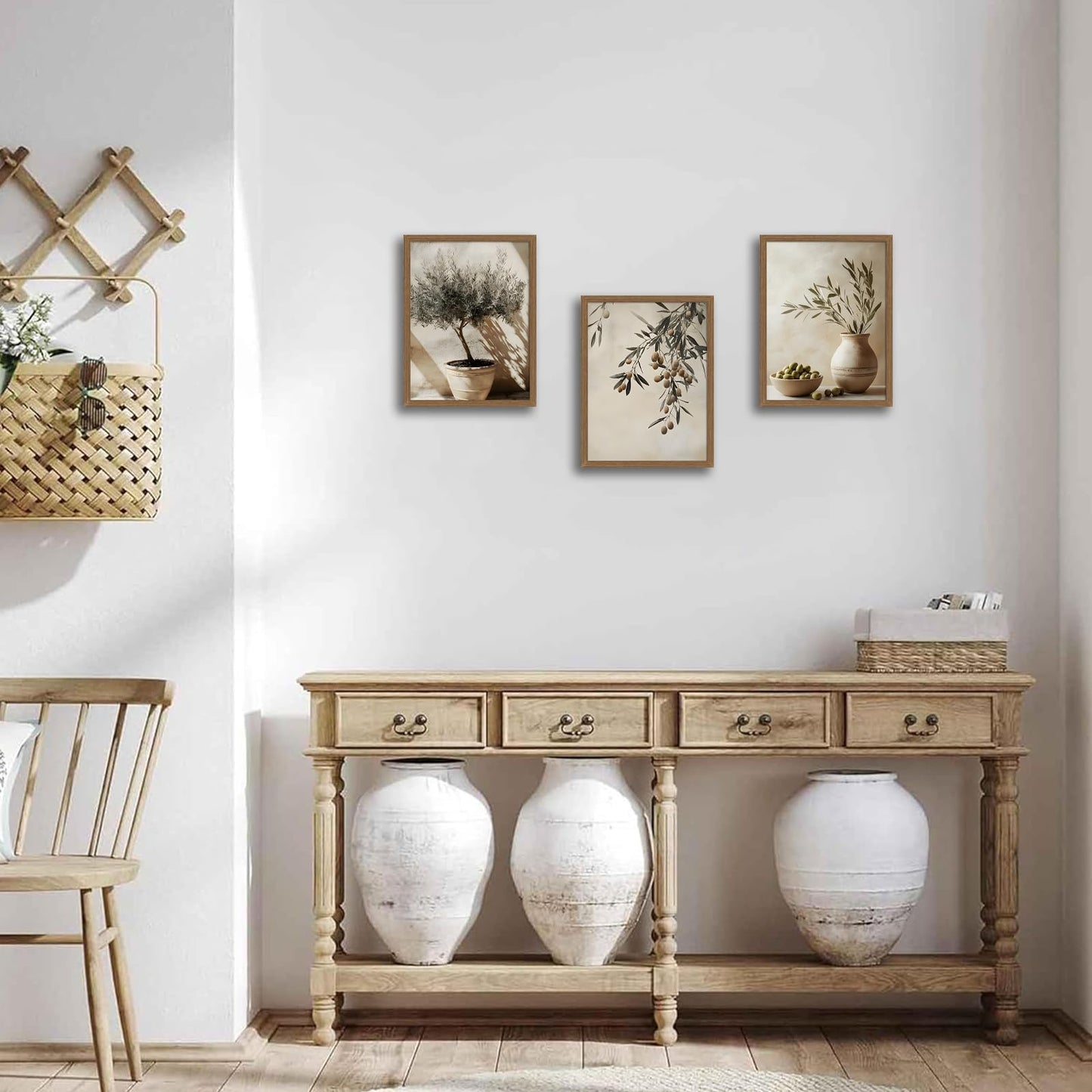 3Pcs Wooden Framed Tree Botanical Canvas Wall Art Mediterranean Olive Branch Painting Prints Poster, Rustic Farmhouse Neutral Picture Decor for Living Room Bedroom Kitchen Dining Room 12x16in