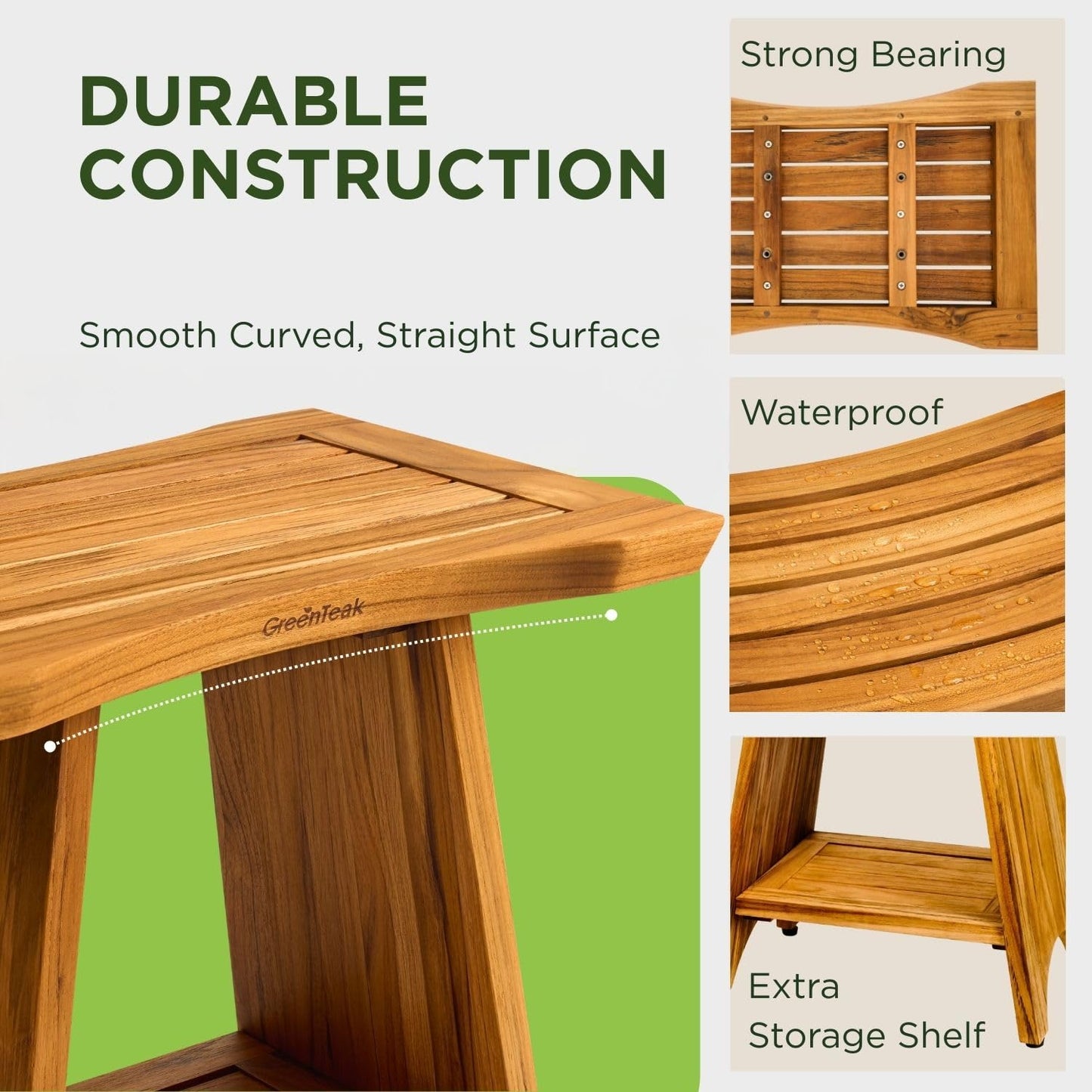 GREENTEAK Premium 18" Teak Wood Shower Bench, Waterproof Teak Shower Stool, Non-Slip Feet for Enhanced Safety, Spa Bath Seat for Bathroom, Indoor & Outdoor Use, 300 lb (Upgrade 18" 2-Tier, Straight)