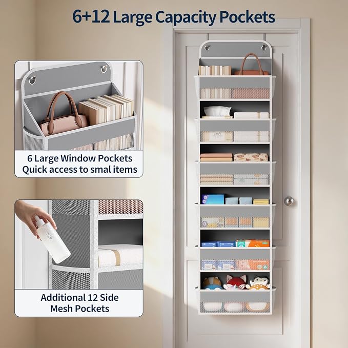 Yecaye 6 Tier Over the Door Organizer, 52.8lbs Capacity Door Organizer Hanging with 12 Mesh Pockets, Behind the Door Storage for Closet Baby Nursery Bathroom Bedroom,and Dorm,1Pc