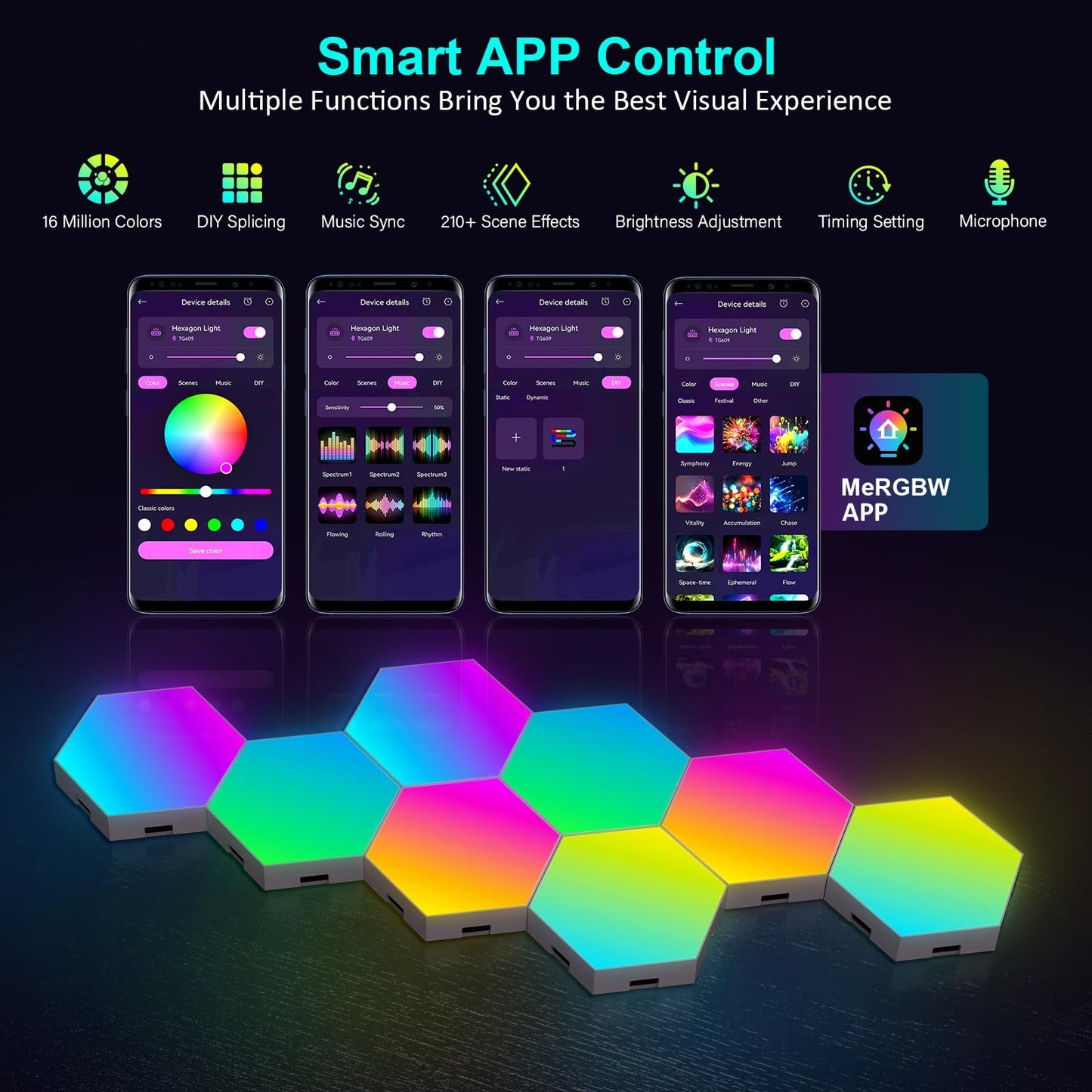Kangtaixin Hexagon LED Lights 8 Pack - RGB Wall Panels with Music Sync, Smart App & Remote Control, DIY Modular Hex Light for Gaming Room, Bedroom, Living Room, Wall Decor