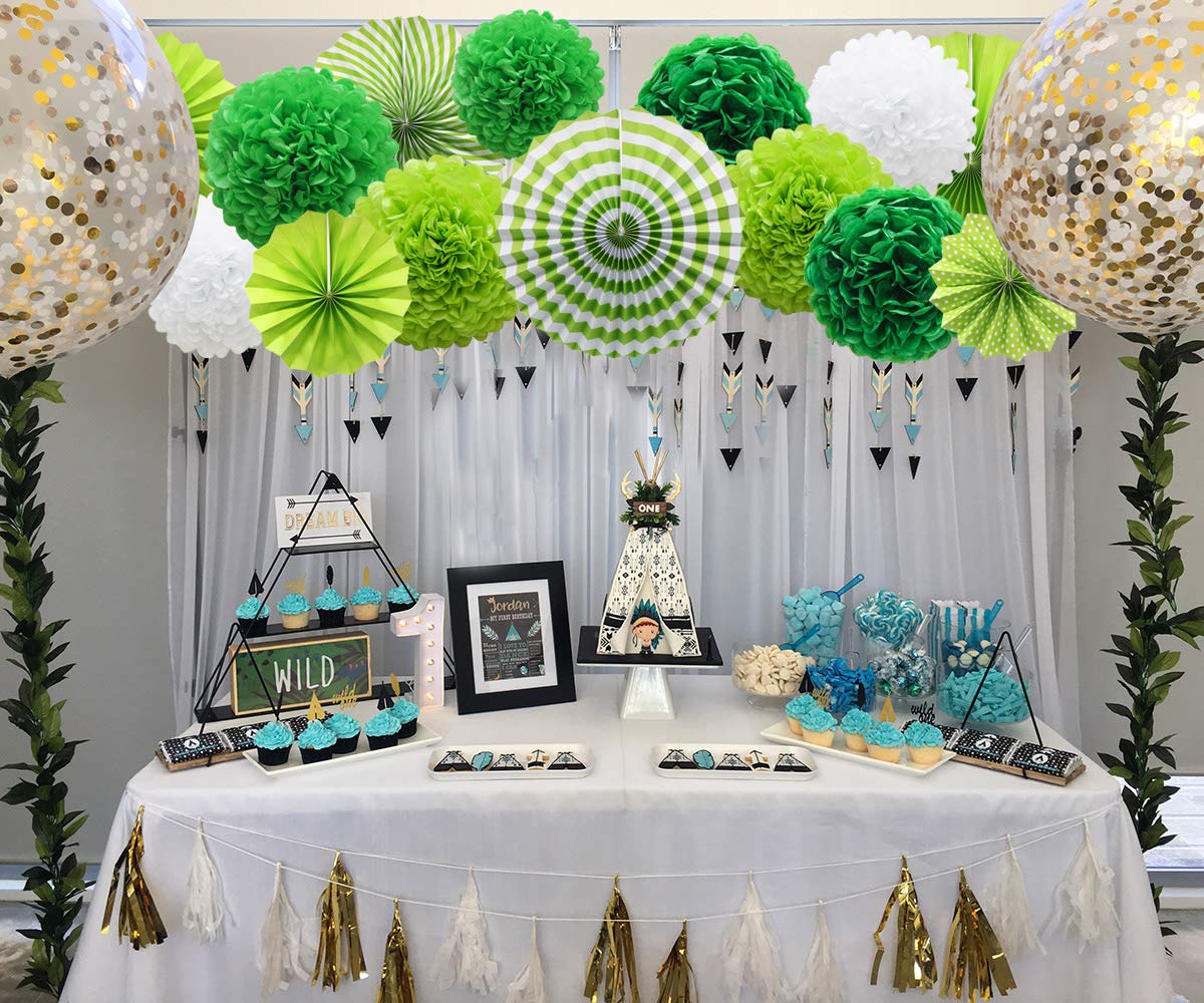 ADLKGG Green St Patricks Day Party Decorations, Hanging Round Paper Fans Pom Poms Flowers for Graduation Wedding Bridal Shower, Golf Themed Birthday, Fiesta Party Indoor Outdoor Accessories