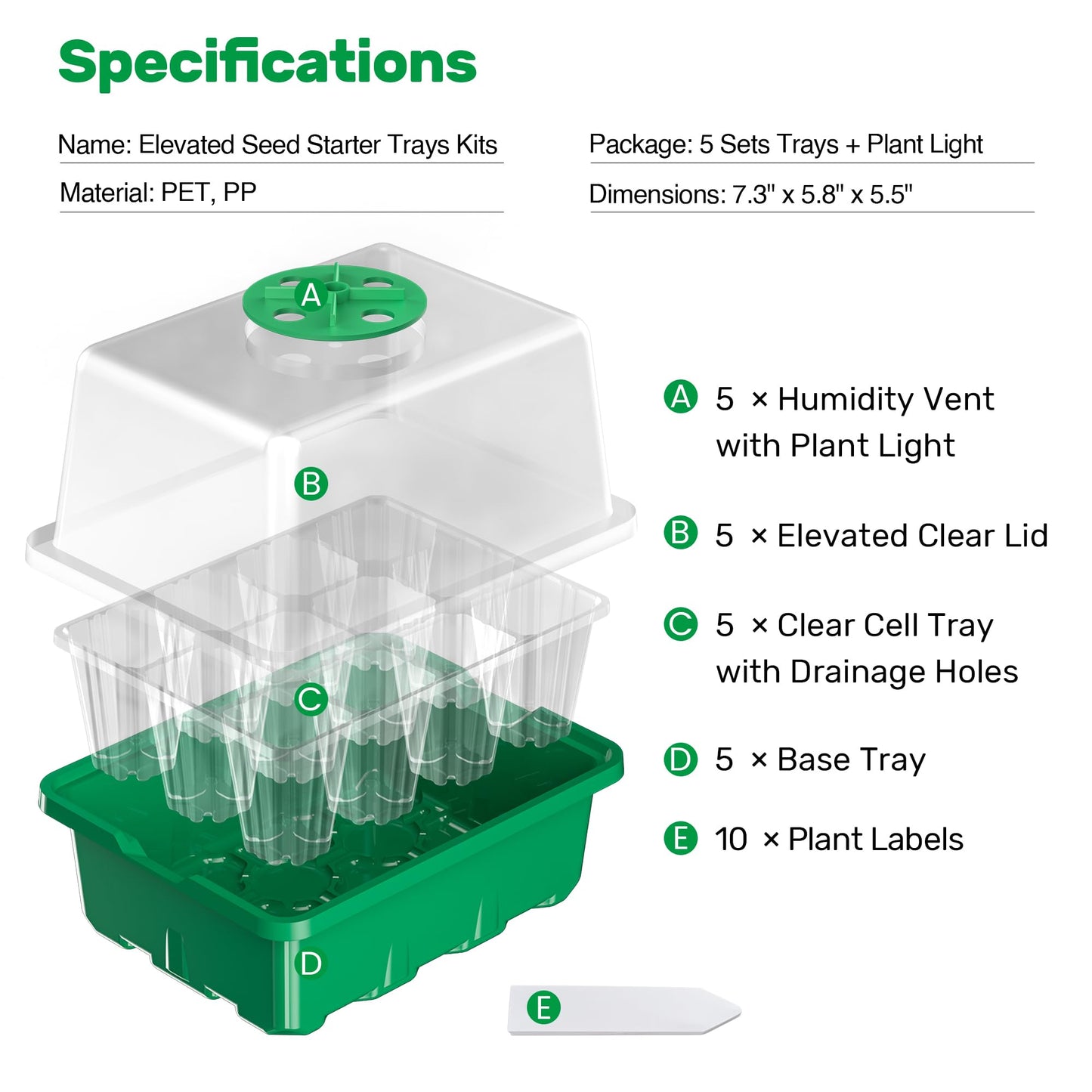 Bonviee 10 Packs Seed Starter Tray with Elevated Lid, 120 Cells Thicken Seed Starting Trays Kit with Adjustable Humidity Vent, Clear Cell Tray and Heightened Lids for Greenhouse & Gardens, Green