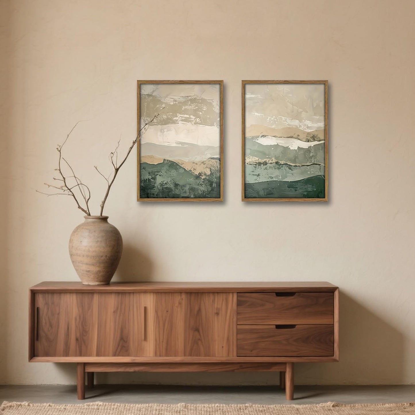 Framed 2Pcs Green Abstract Wall Art with Wood Frame Rustic Landscape Canvas Print Earth Tones Farmhouse Painting Picture Wall Decor for Living Room Bedroom Office12x16 Inches