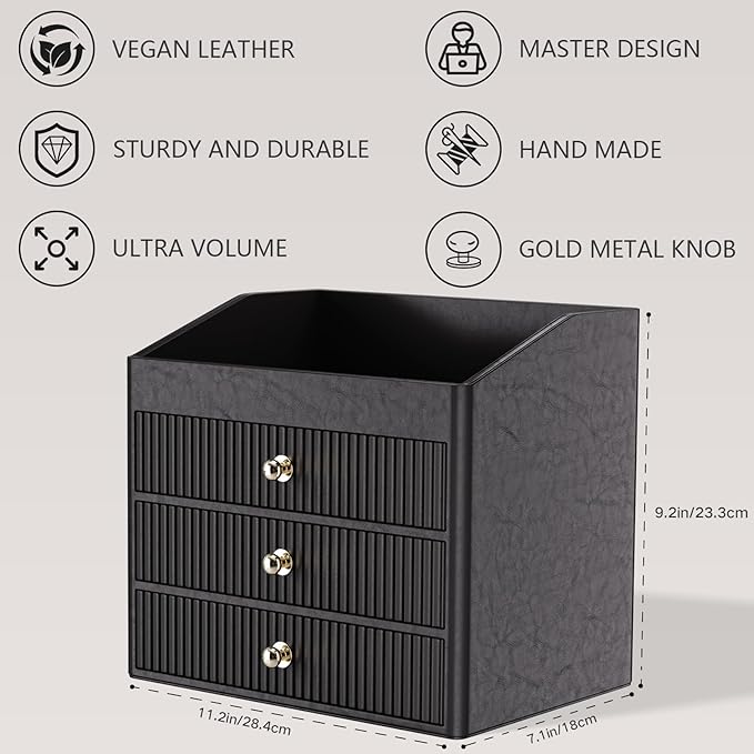 LADSTAG Cosmetic Organizer,Luxury Make up Organizer with 3 shelf Drawers,Black Large Capacity Makeup Organizers for Skincare,Brushes, Dresser,Bedroom,Bathroom,Birthday Gifts for Mom