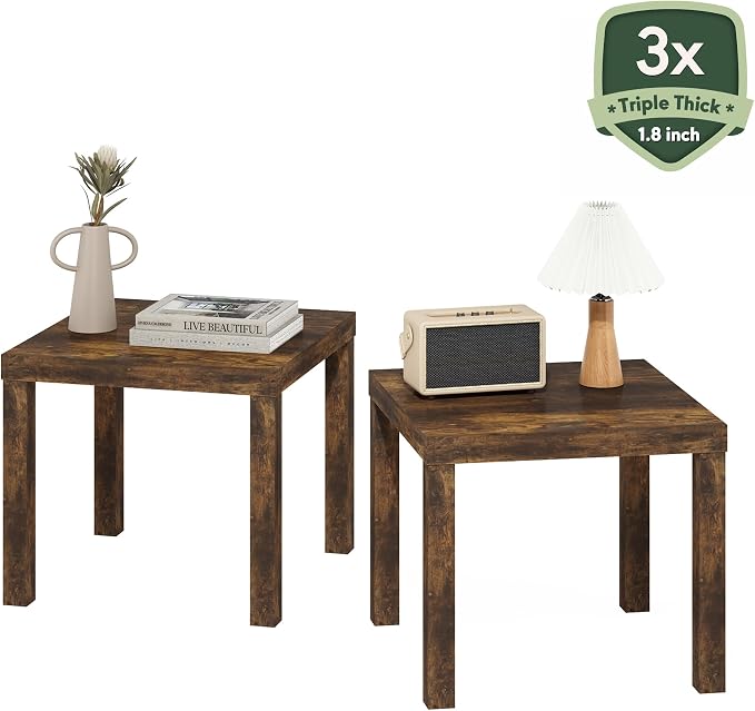 Furinno Classic Toolless Assembly Square Side Table Set of 2, Rustic Brown End Table with 1.8 Thick Tabletop, Night Stand, Bedside Table, for Living Room, Bedroom, Amber Oak
