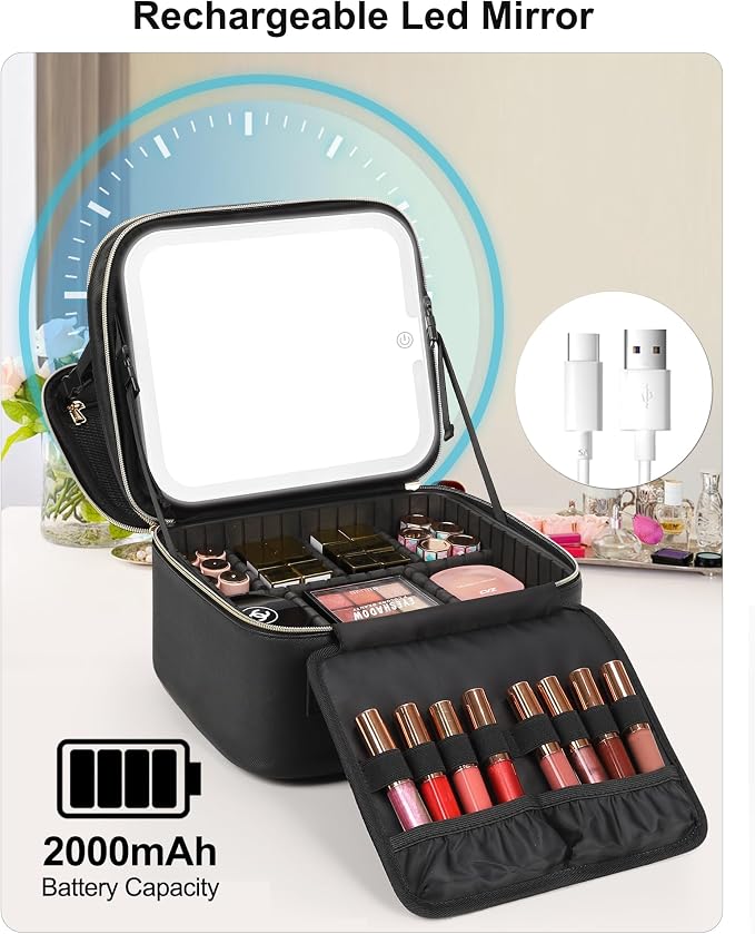 Relavel Makeup Bag with LED Mirror, Small Travel Makeup Case with Rechargeable Lighted Mirror 3 Color Lights, Double Layer Cosmetic Box Makeup Brush Lipstick Holder Organizer for Women, Black