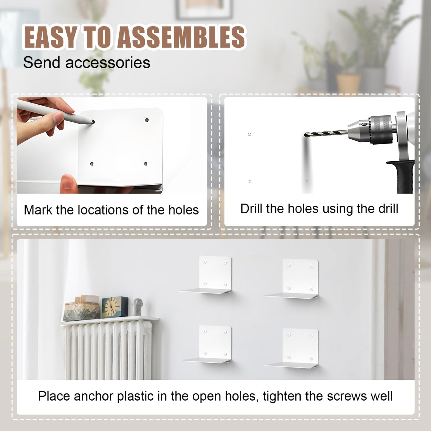 Eapele Invisible Floating Bookshelf, Heavy-Duty Hanging Bookshelves, Steel Constructed Wall Mounted Hidden Bookshelf with Mounting Hardware, 4PCS White