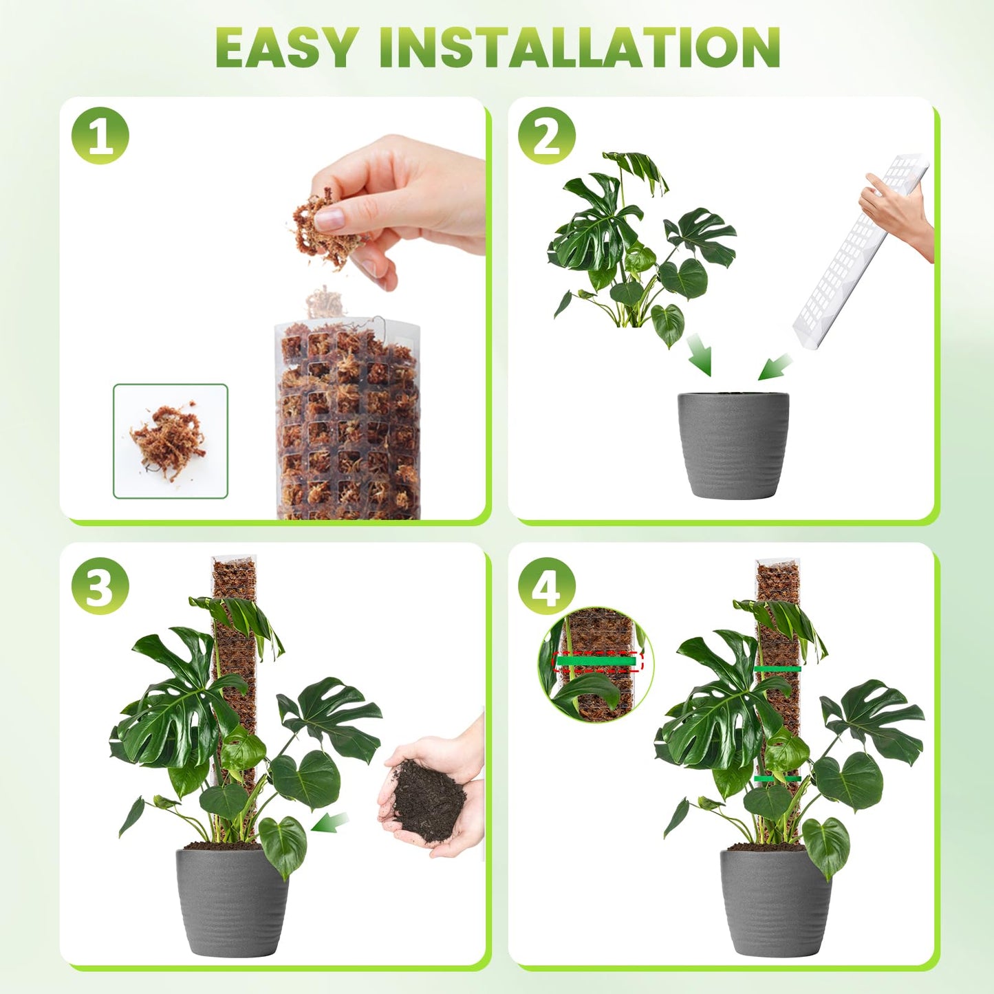 EOX 4 Pcs 24 Inch Plastic Moss Pole for Monstera, Large D Shaped Poles for Climbing Plants Work with Sphagnum Moss, 90 Inch Plant Stake Set of 4, Garden Ties