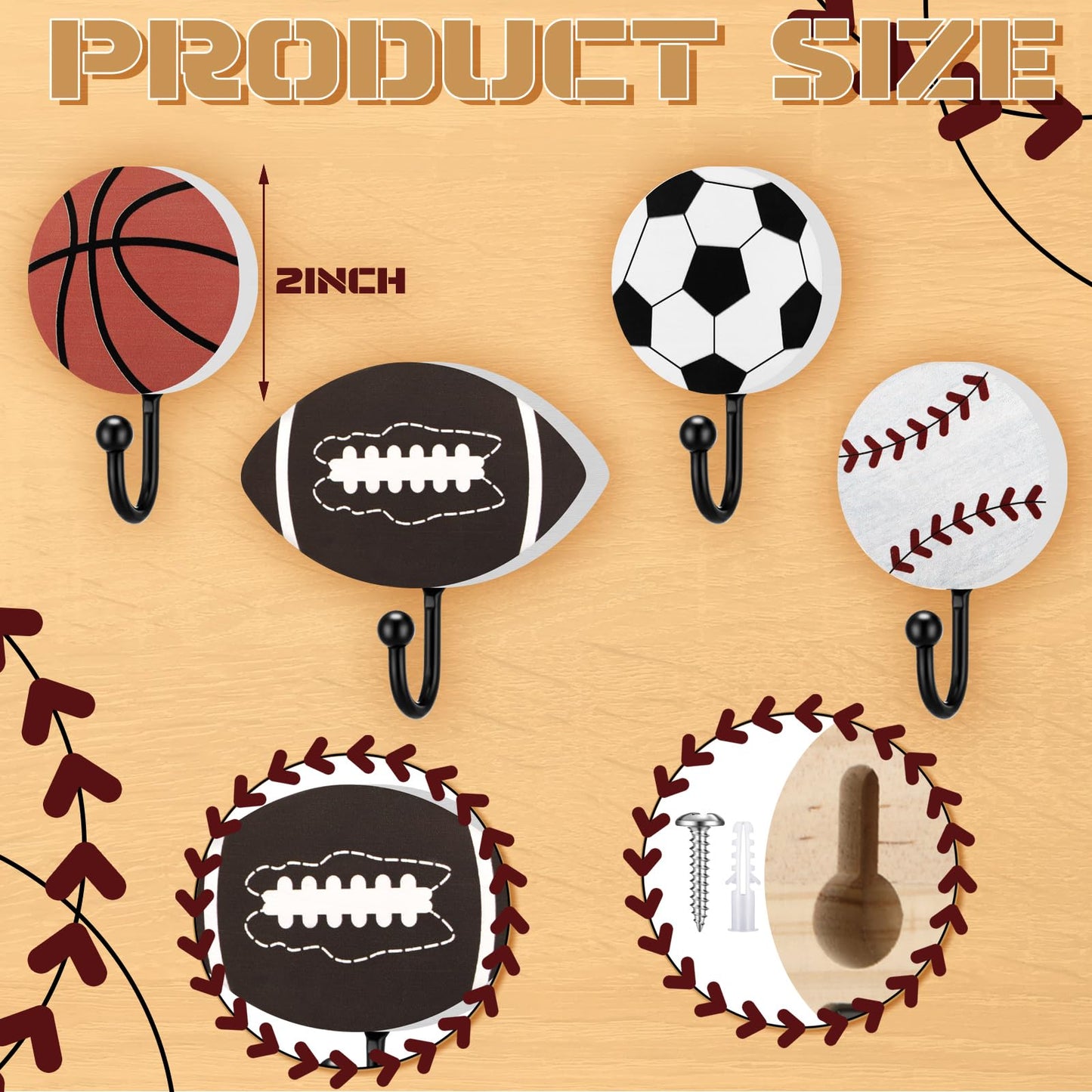 Marsui 4 Pcs Sports Hooks for Wall, Baseball Football Soccer Basketball Sports Room Decor, Wood Towel Coat Hook with 8 Screws, Wall Mounted Decor for Bathroom Nursery Bedroom(Flat Single Hook,2 Inch)