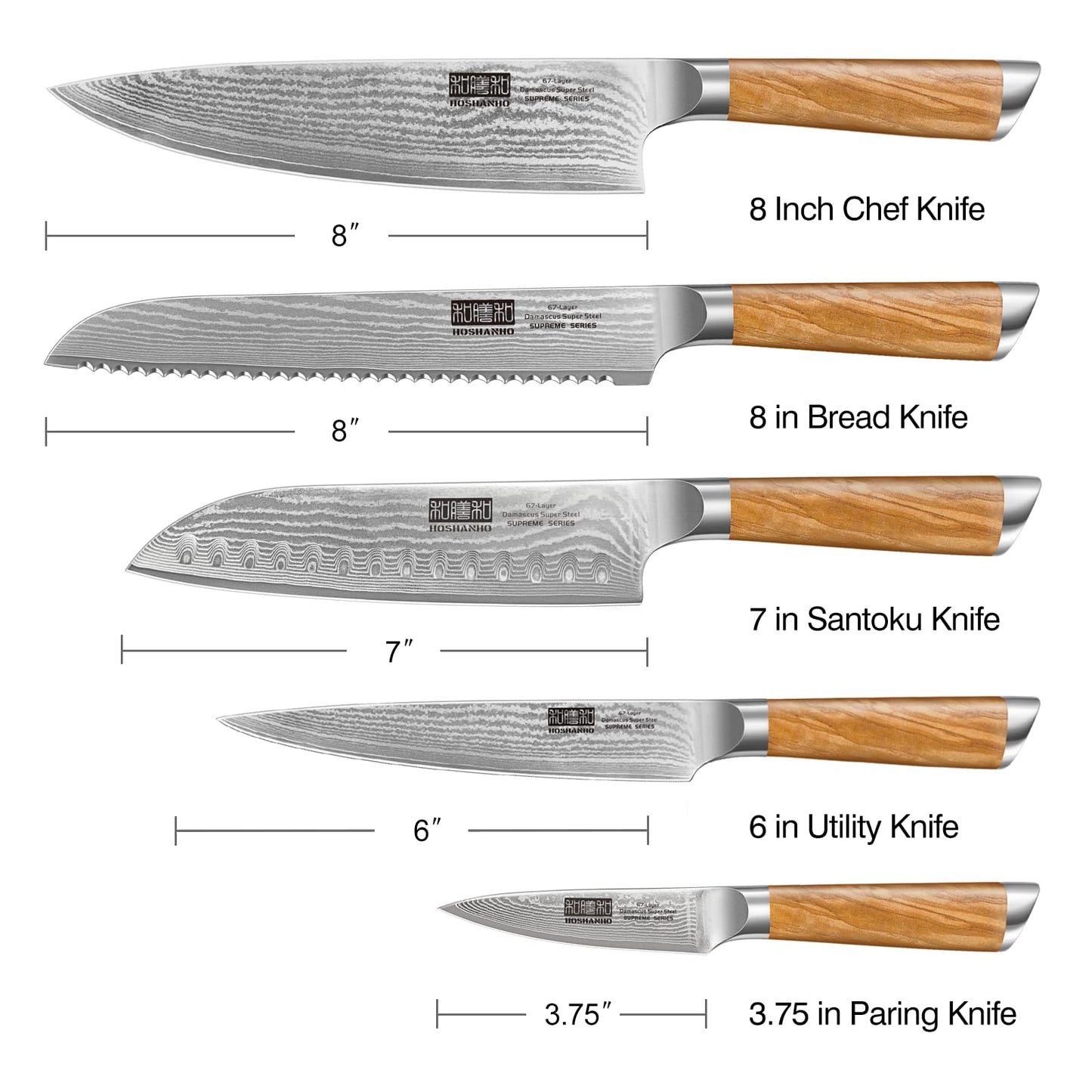 HOSHANHO 5 Pieces Kitchen Knife Sets, Ultra Sharp Professional Damascus Super Steel Chef Knives Sets with Ergonomic Olive Wood Handle, Including Chef, Bread, Santoku, Utility & Paring Knives