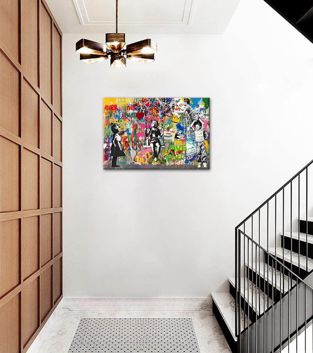 MAMAGO Huge Colorful Graffiti Banksy Wall Decor Modern Street Pop Art Abstract Inspirational Boy Girl Canvas Print Poster Home Apartment Hotel Wall Art Framed Easy to Hang-28 x 44 inch