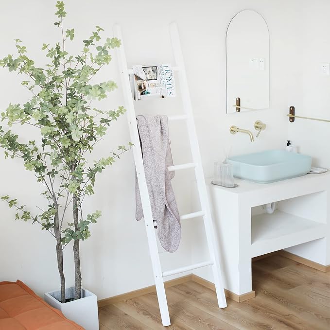FUIN 6ft Wooden White Blanket Ladder Living Room Decorative Wall Leaning Farmhouse Quilt Display Holder Rustic Wood Towel Rack for Bathroom