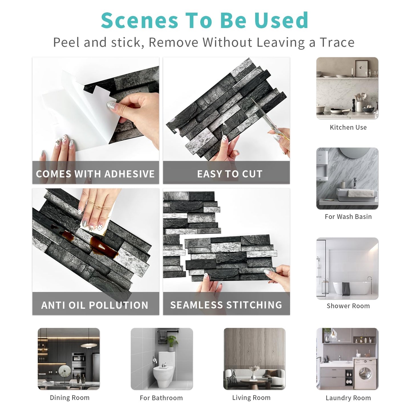 SiTiKi 36 Sheets Backsplash Vinyl Peel and Stick DIY Splicing Marble Self-Adhesive Tile Sticker for Kitchen and Bathroom Wall Decor (Black)