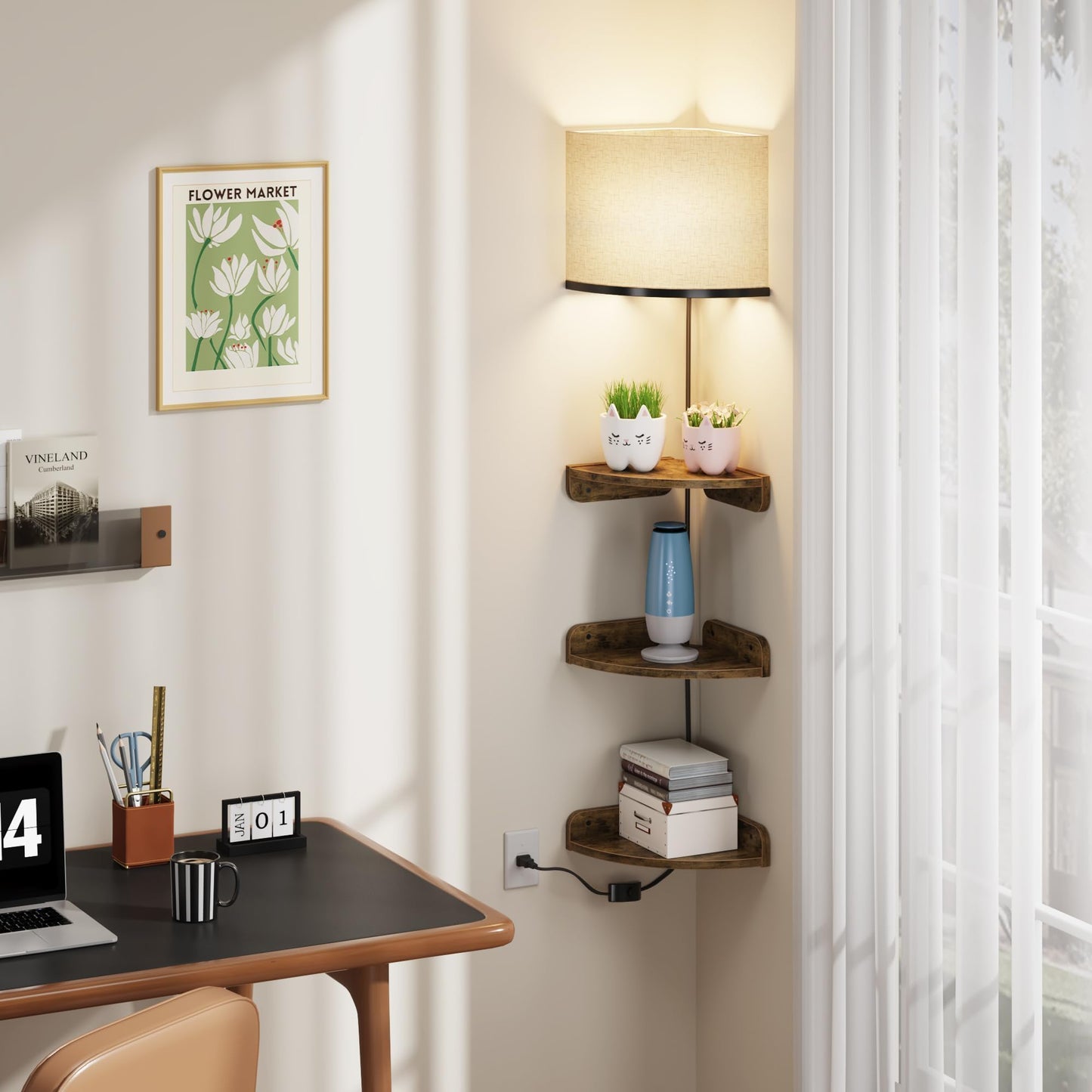 YAOHUOO Corner Shelf Wall Mounted with Light, Set of 3 Corner Floating Shelves with Cord Hole for Cable Box, Round End Wall Mounted Floating Shelf for Bedroom, Living Room and Kitchen, Rustic Brown