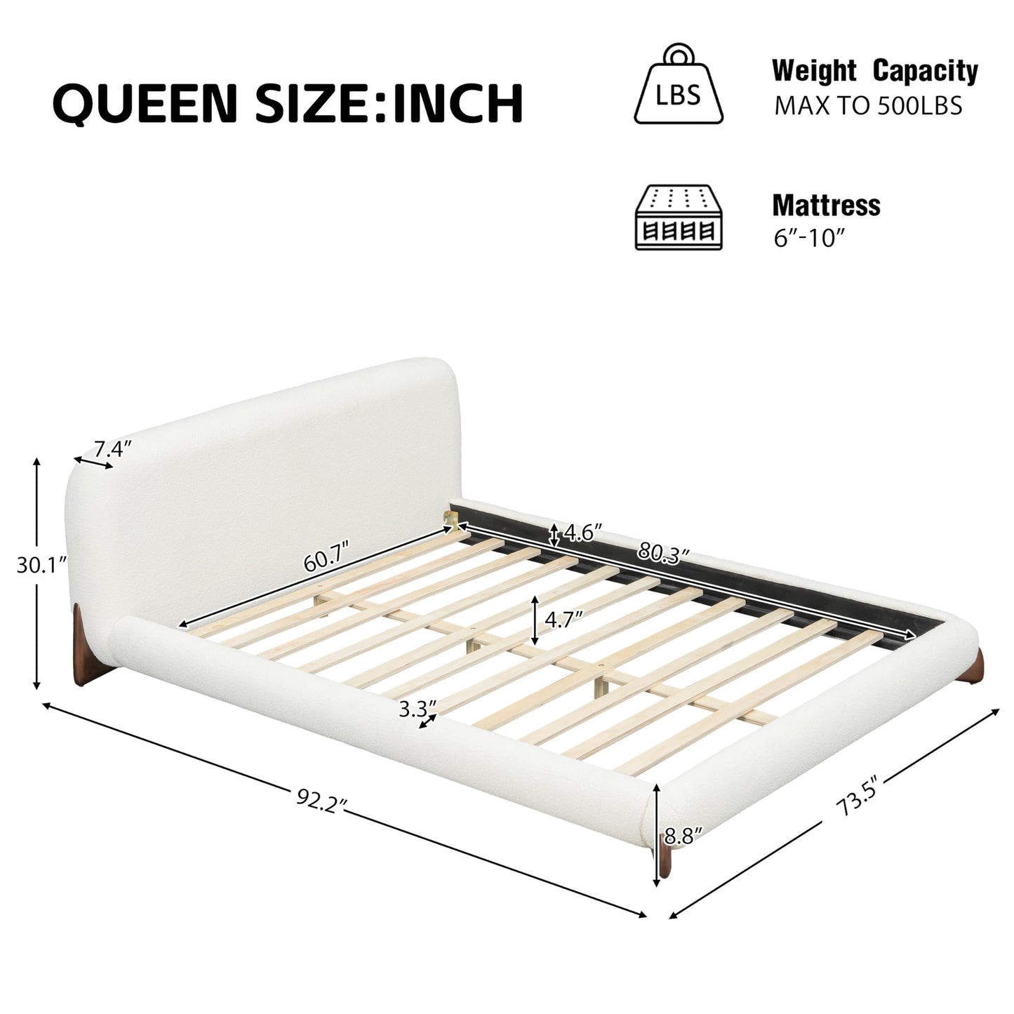 Merax Queen Size Upholstered Platform Bed with Boucle Thick Headboard, Solid Wood Anchor Legs, No Box Spring Needed, White
