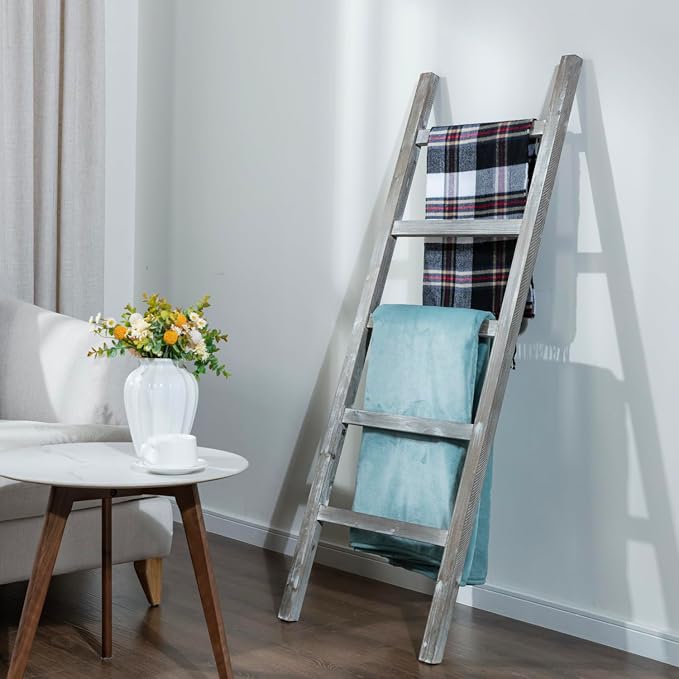 MyGift 54 inch Tall Fully Assembled Wood Blanket Ladder, 5-Tier Wall Leaning Towel Rack, No Assembly, Whitewashed
