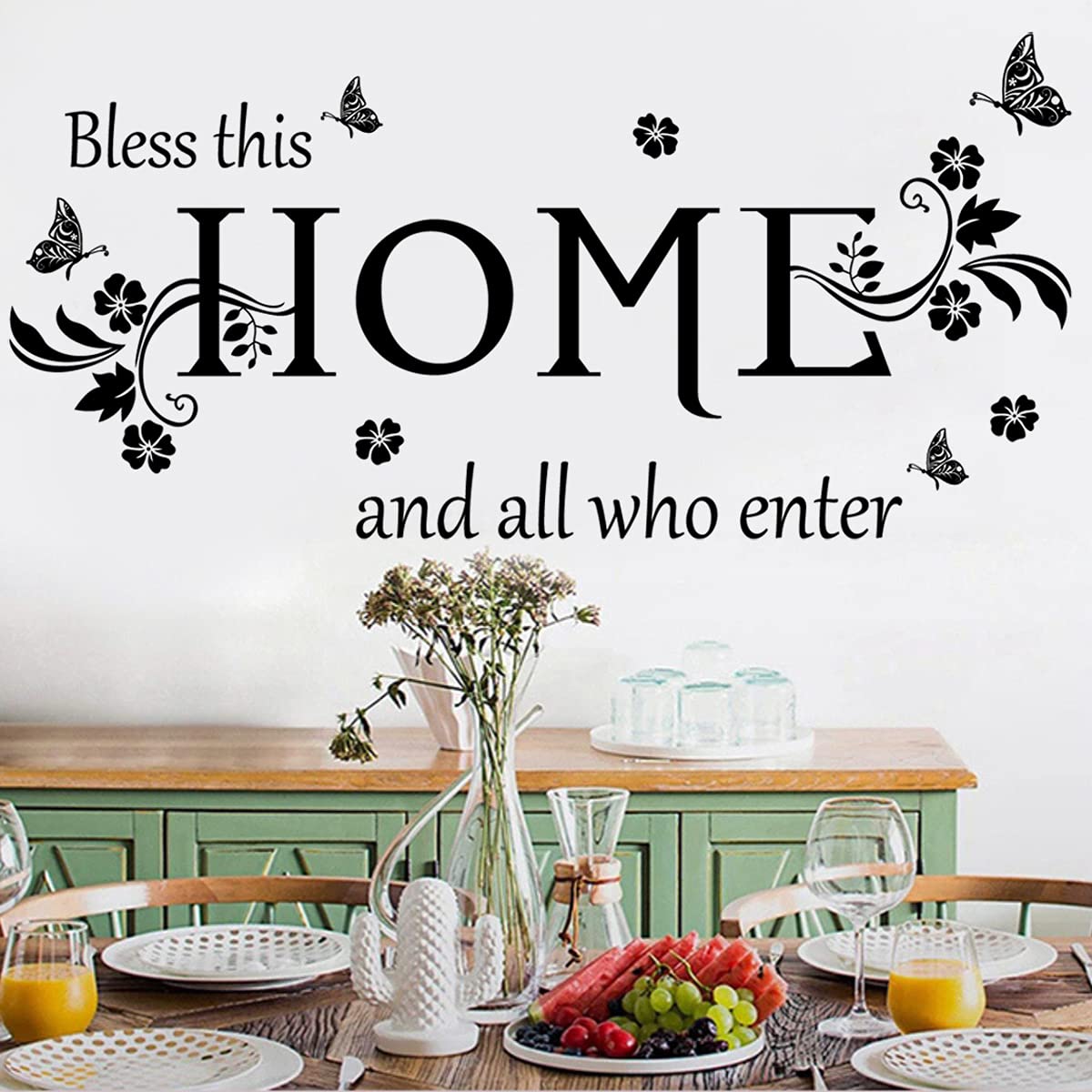 Black Vinyl Wall Sticker Wall Word Quotes Bless This Home and All who Enter Wall Decals Flowers Butterfly Wall Decor Sticker for Entryway Living Room Home Decor.