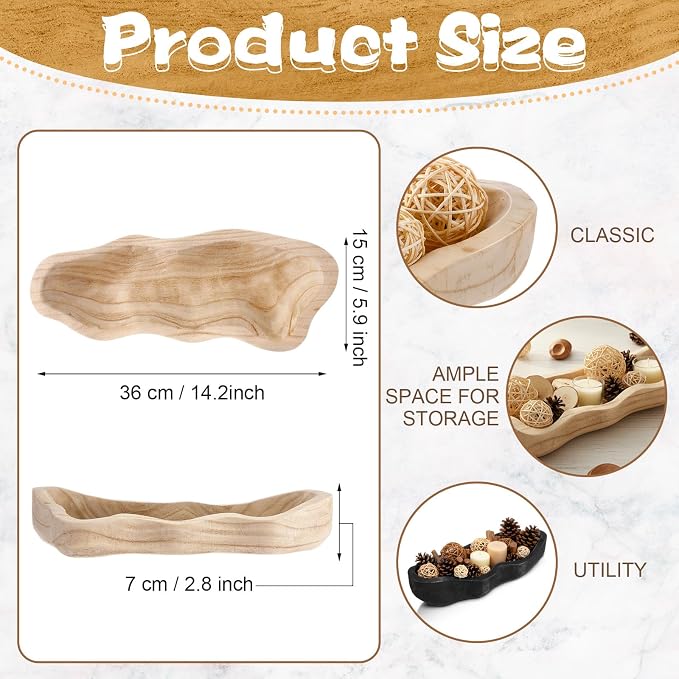 Nuogo 1 Pack 14 Inch Wavy Edge Dough Bowl Large Size Wood Rustic Dough Bowl Decorative for DIY Farmhouse Home Supplies Kitchen Decoration (Color of Wood)