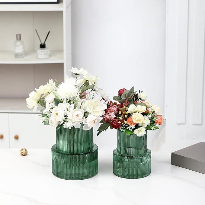 Ribbed Glass Vases for Bouquet, Set of 2 Green Vases for Flowers, Green Glass Vase for Tulips, Modern Vase for Living Room, Office, Coffe Table, Dining Table, Shelf, Wedding