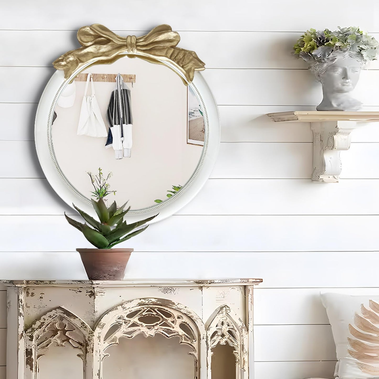inoseen Antique Bow Round 26x26 inch Wall Mirror, White and Gold Bow Frame Circle Mirror for Wall Decor for Bathroom Sink, Living Room, Hallway & Bedroom