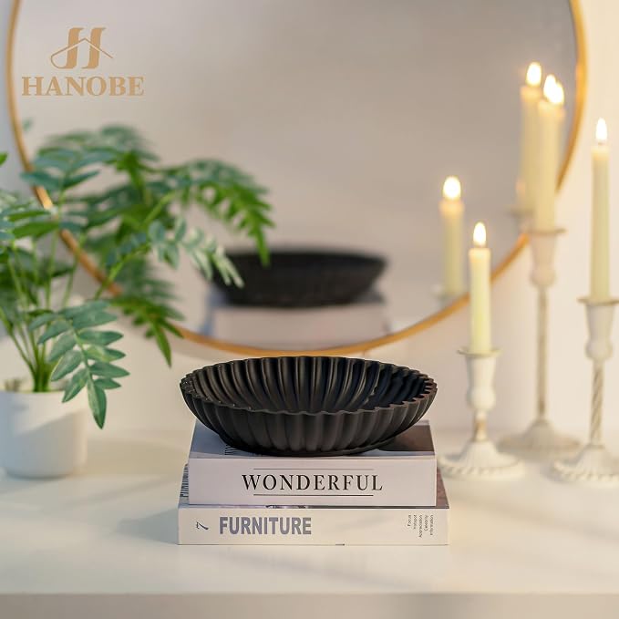 Hanobe Black Decorative Bowl Decor: Modern Ruffle Key Tray for Home Living Entryway Coffee Tables Centerpiece - Fruit Bowls for Dinning Kitchen Counter