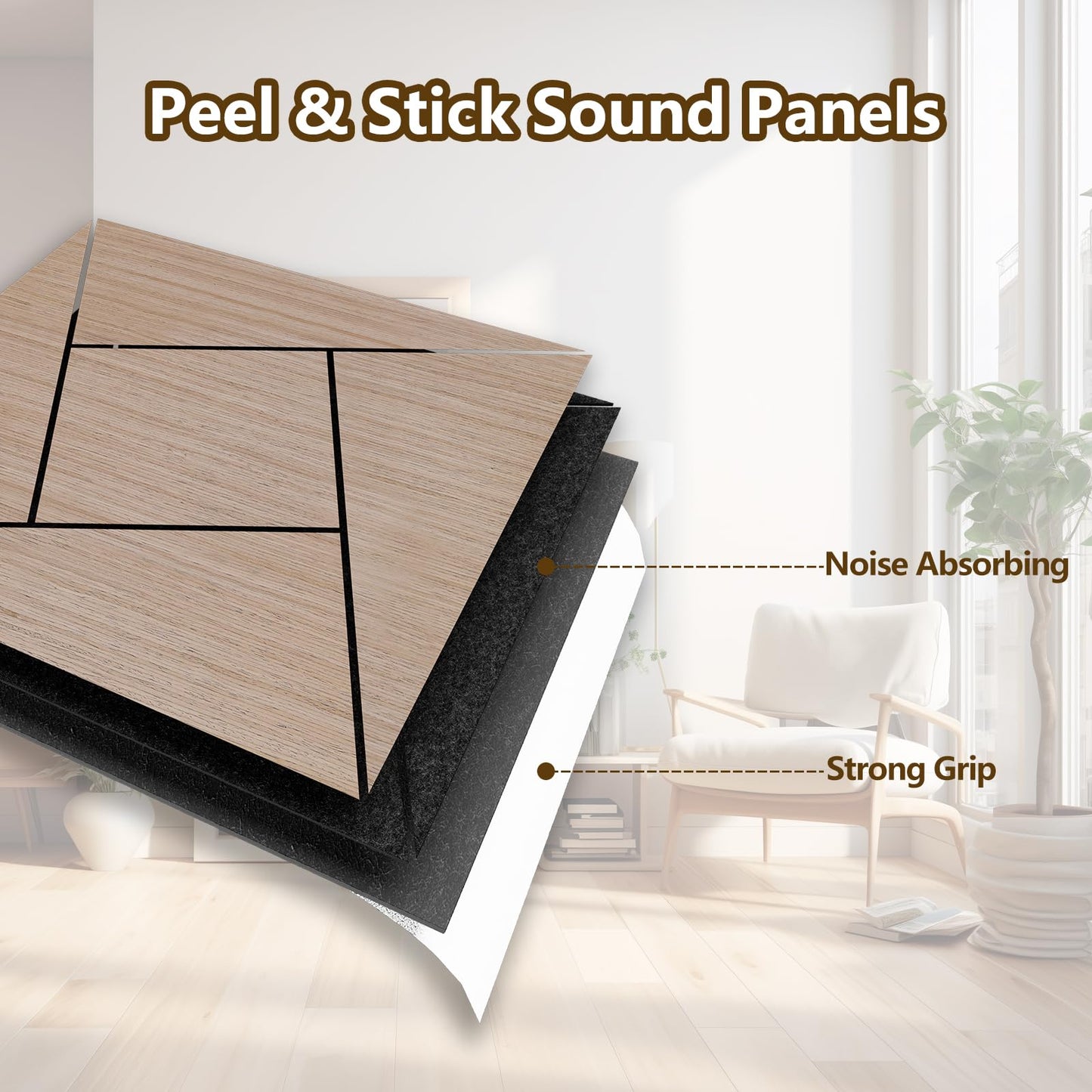 ARMURO 4 Packs Acoustic Wall Panels - Self-Adhesive 3D Wood Slat Wall Panel- Peel and Stick Sound Absorbing Panels for Noise Reducing - Feature Wall Decor for Home & Office