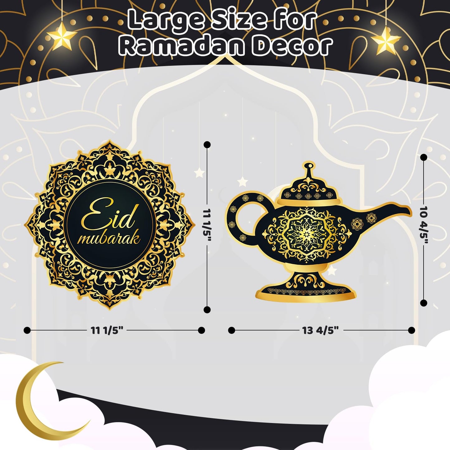 Large 11"x14" Eid Mubarak Cutouts Decorations Cardboard Cutout Set of 12, Ramadan Cutouts Wall Door Windows Decor, Muslim Islamic Mosque Castle Paper Cut Outs Decoration (Black Gold)