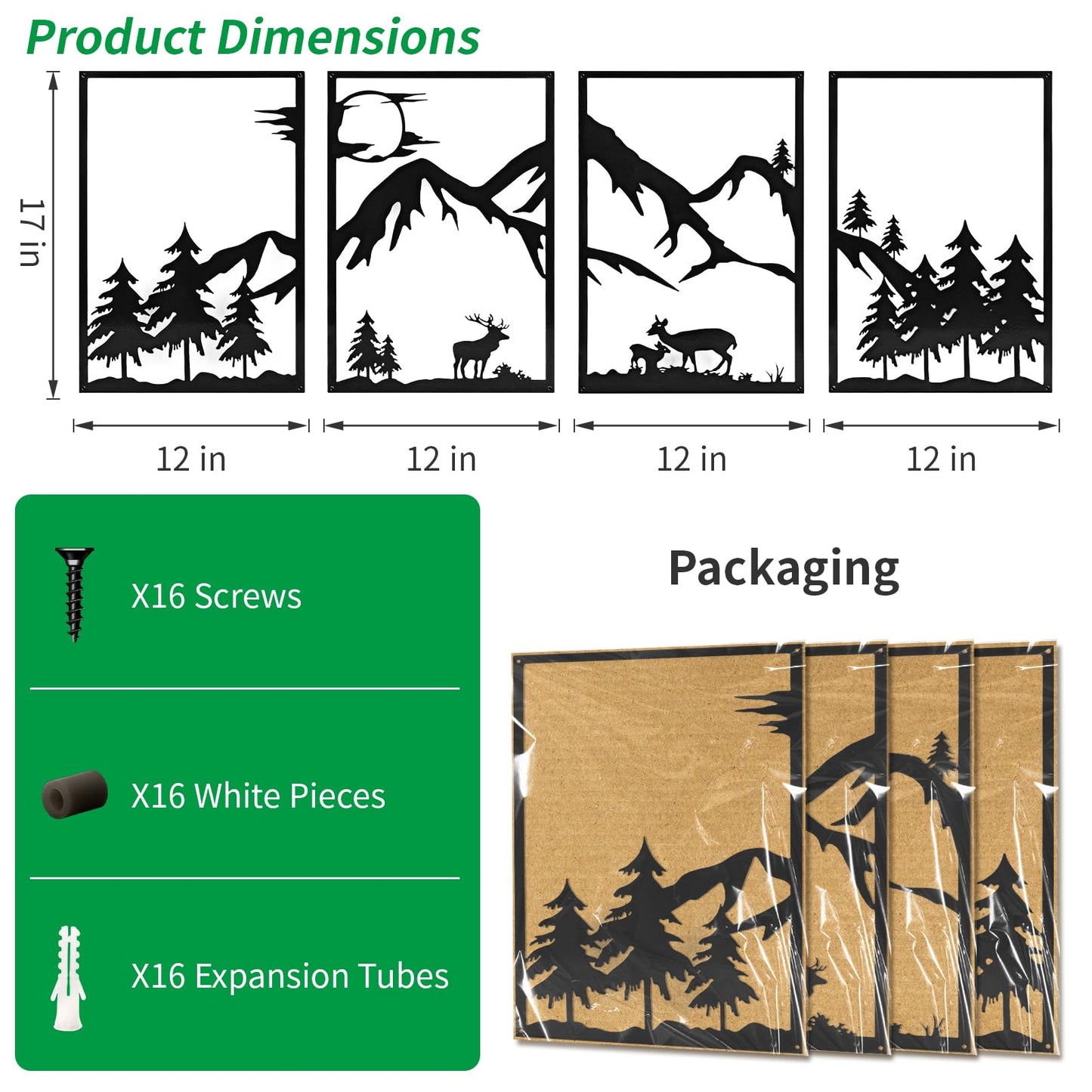 LONGKING 4 Pack Metal Wall Art, Mountain Iron Wall Sculpture, Art Wall Décor for Office, Dining Room, Living Room, Bedroom (Black, 17 x 12 in)