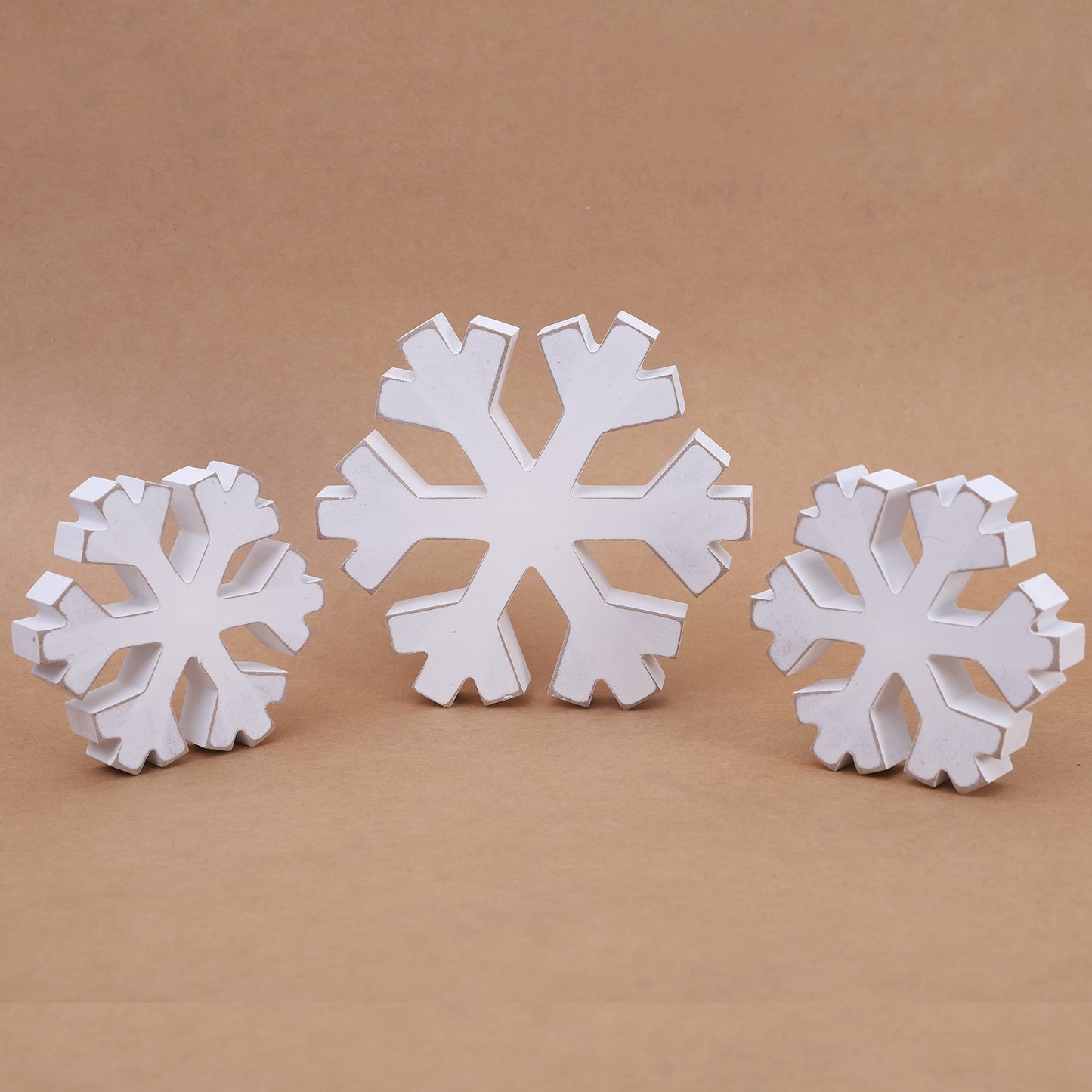 WAWOO 3 Pieces Winter Farmhouse Snowflake Decor - White Distressed Snowflakes for Christmas, Photo Props, Fireplace