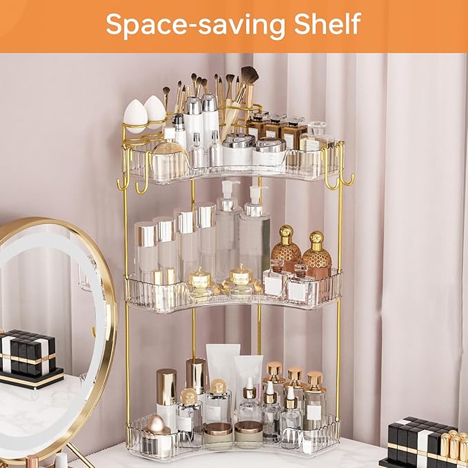 3-Tier Corner Bathroom Counter Organizer，Makeup & Skincare Shelf with Built-in Brush Holder，Space-Saving Bathroom Countertop Organizer for Skincare, Perfume, Cosmetics(Clear)