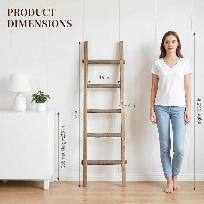 Blanket Ladder Pre Assembled 76in Wooden Ladder Shelf Living Room Bathroom Bedroom Decorative Wall Leaning Farmhouse Quilt Display Holder Rustic Towel Rack (Brown, 57in（5-Tier）)