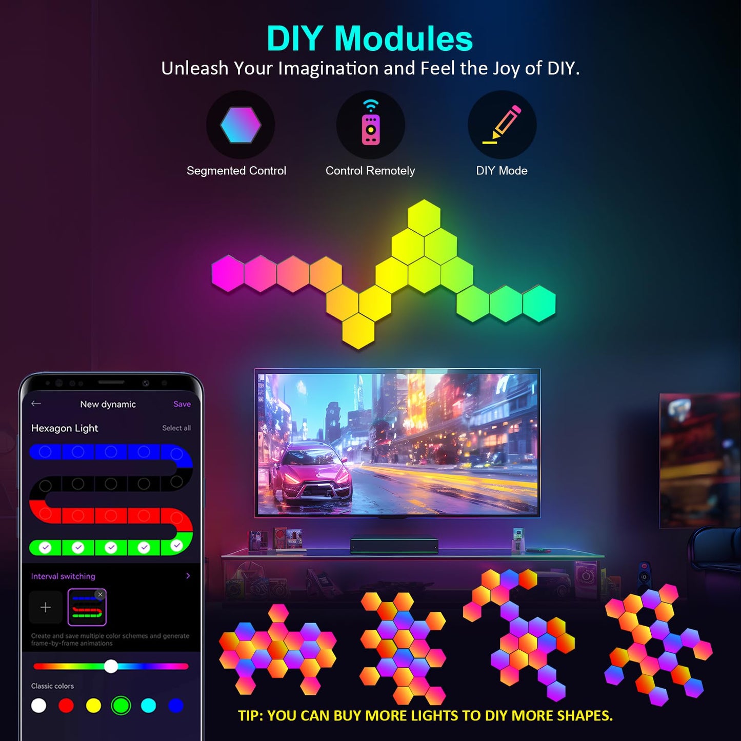 JIMIMORO 20-Pack Hexagon Light Panels – Smart RGB LED Wall Lights with App & Remote – Music Sync Gaming Lights for Gamers, Game Room Decor, Gaming Equipment, Living Room, Bedroom, Kids & Adults