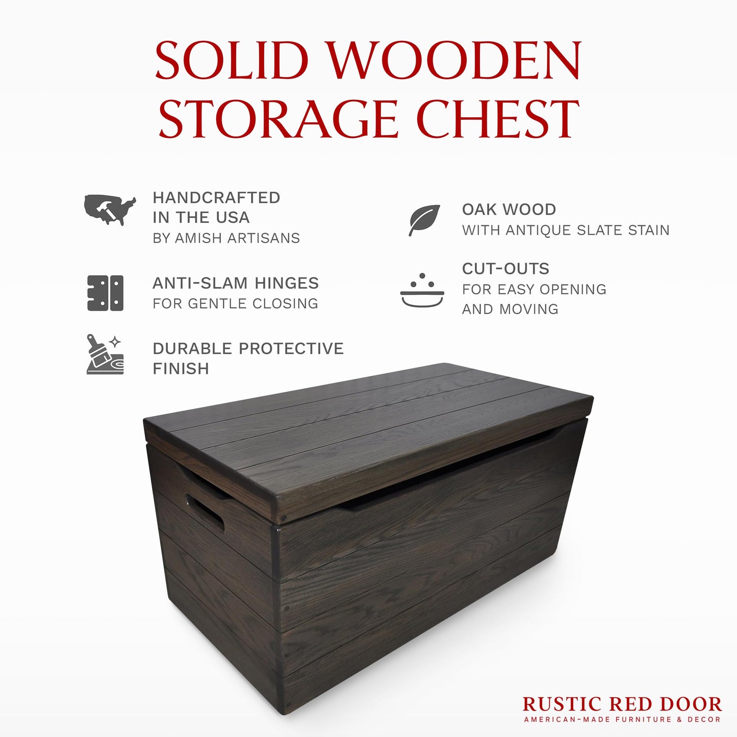 Hope Woodworking Amish Made Wooden Storage Chest Trunk Box with Lid and Handles for Bedroom, Blanket, Clothes, Anti-Slam Hinges, Handmade, Rustic, Oak Wood, Antique Slate Stain, 36"