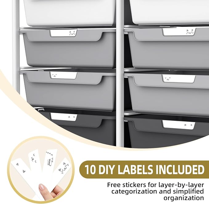 10 Drawers Rolling Cart with Wooden Tabletop, Utility Storage Cart with Wheels, Art Supply Craft Organizer on Wheel with Metal Frame & Handles for Home Office School,Grey